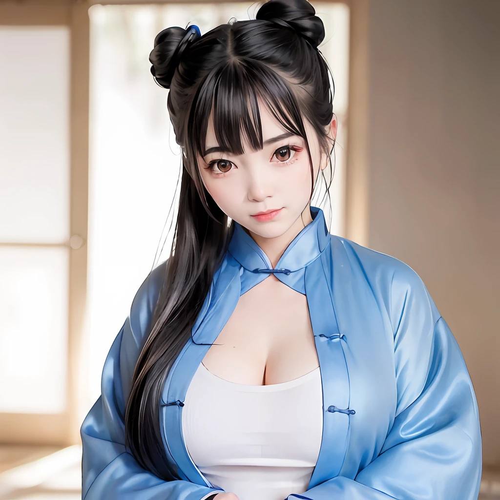 (超高分辨率,Photorealistic,Realistic,Best quality,photo-realistic), (highdetailskin,Visible pores),(Real Human,photographed), (((Blue Hanfu,Chinese style))),Realistic,Simple background,full bodyesbian, (8K, RAW photo, Best quality, Masterpiece),(1 girl),photon maping, Radio City, Physically-based rendering,automatic white balance,(((haunting smile,Long hair))),Watery eyes, (Blush|Cute and playful|Adorable|Plump body|Thick bangs|Beauty|double tails|hair-bun,),(view the viewer),(irises and pupils are rounded,the pupil reflelts the surroundings,Eyes are not the same size), Chinese street, scenery, Morning