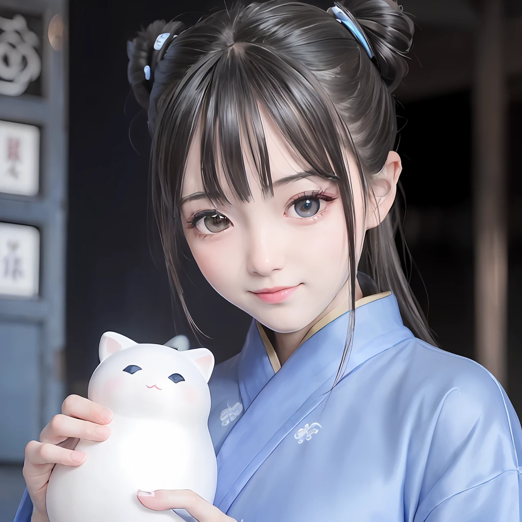(超高分辨率,Photorealistic,Realistic,Best quality,photo-realistic), (highdetailskin,Visible pores),(Real Human,photographed), (((Blue Hanfu,Chinese style))),Realistic,Simple background,full bodyesbian, (8K, RAW photo, Best quality, Masterpiece),(1 girl),photon maping, Radio City, Physically-based rendering,automatic white balance,(((haunting smile,Long hair))),Watery eyes, (Blush|Cute and playful|Adorable|Plump body|Thick bangs|Beauty|double tails|hair-bun,),(view the viewer),(irises and pupils are rounded,the pupil reflelts the surroundings,Eyes are not the same size), Chinese street, scenery, Morning