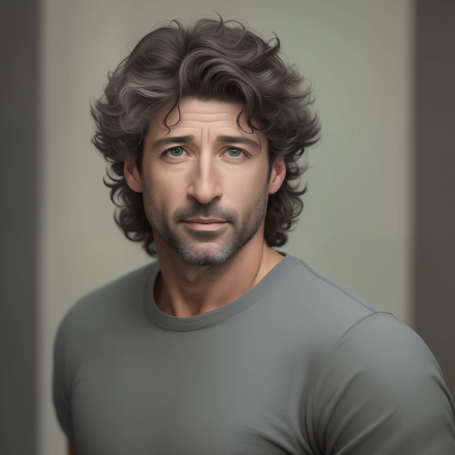 Realista. Retrato Homem, cabelo grisalho, parecido com o ator Patrick Dempsey, usando terno, aparentando 40 anos