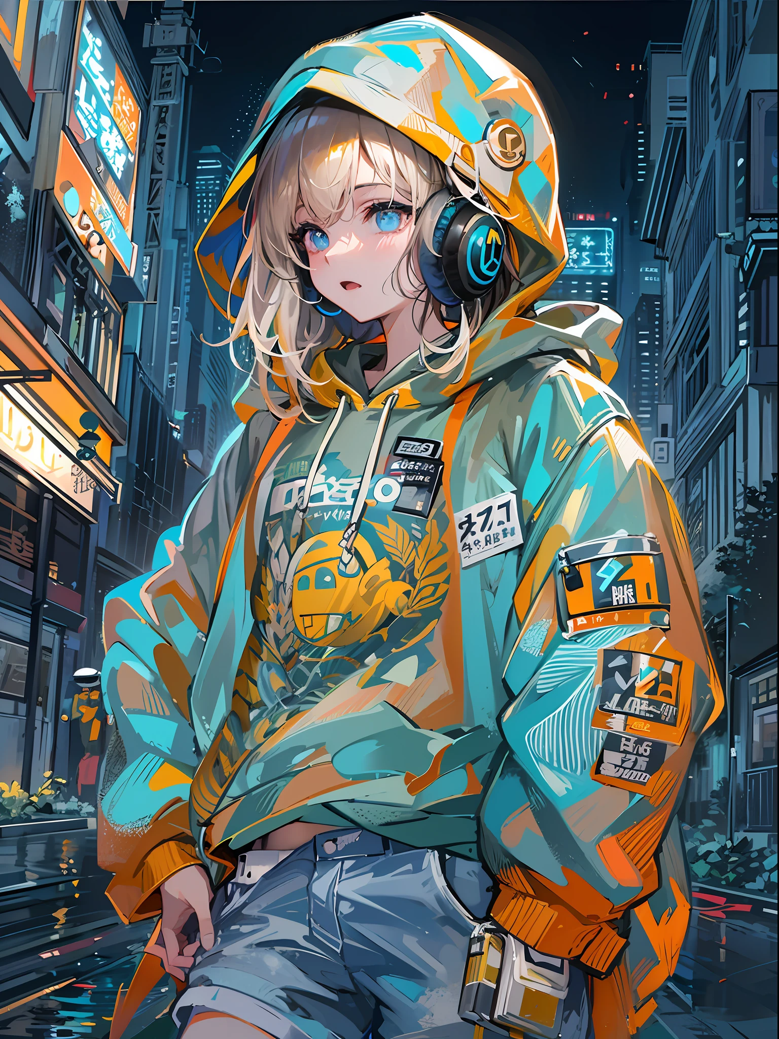 8K分辨率、((top-quality))、((​masterpiece))、((ultra-detailliert))、1 woman、独奏、incredibly absurdness、Oversized hoodies、headphones、Street、plein air、Sateen、neons、Shortcut Hair、Brightly colored eyes、Hands in pockets、shortpants、water dripping