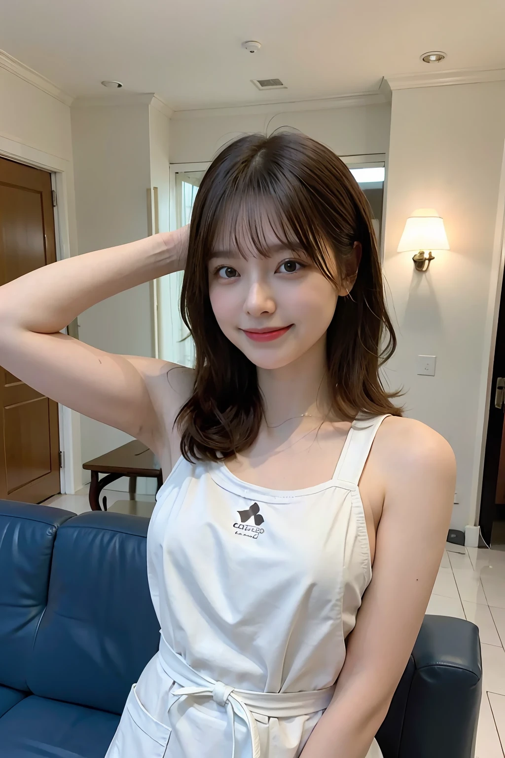 a woman is cooking、(kitchin_Apron:1.Wear 3)、Good Hand、4K、hight resolution、​masterpiece、top-quality、Cap:1.3、((Hasselblad photo))、Fine skin、foco nítido、(lighting like a movie)、Soft lighting、dynamic ungle、[:(详细的脸:1.2):0.2]、Medium chest、sweats streamed skin:1.2、(((In the kitchen))) A smile　Beautiful profile　Colossal tits　Beautiful body　Tying hair　Wide background々and a luxurious living room　Luxurious and luxurious living　Luxurious living room　Beautiful living room　Beautiful living room　A smile　an orange　lemons　A smile　Laughing　banana in　pineapple　Luxurious room　beautiful  lighting　Beautiful lighting　Very large room　very high image quality　very high res　8k Photos　Viewer's Perspective　Very gorgeous kitchen　Luxury Kitchen　white tank tops　White Apron　Millionaire Kitchen　High-class kitchen