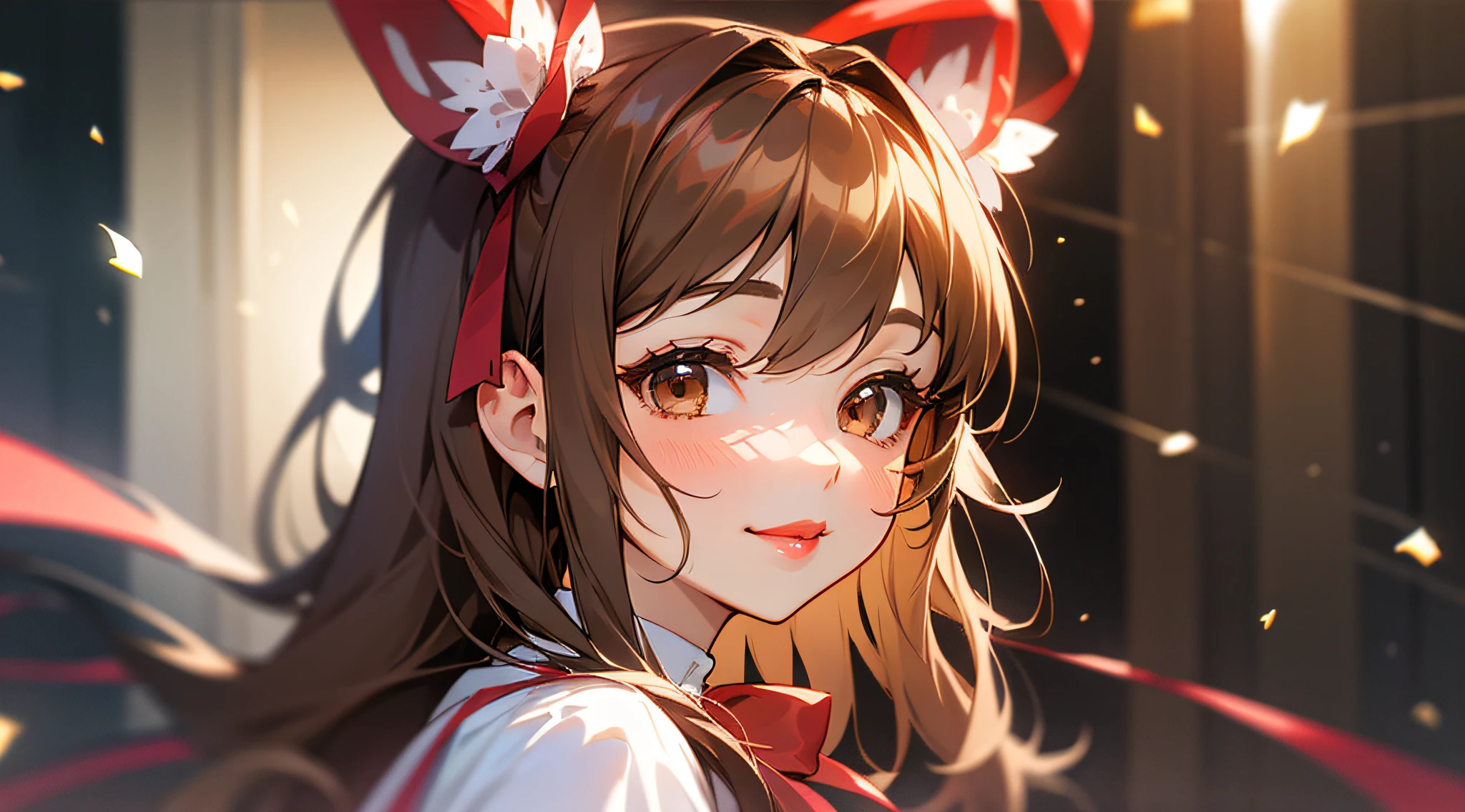 (extremely delicate and beautiful:1.2) 1 girl、bangss、Brown eyes、Blurry、Blurry、the background is blurred、bow ribbon、Brown hair、With mouth closed、from side、Hair between both eyes、Hair Ribbon、lanthanum、Particles of light、long-sleeve、watching at viewers、Medium hair、natta、Red ribbons、独奏、star\ (Symbols\)、The upper part of the body、a smile、red-lips