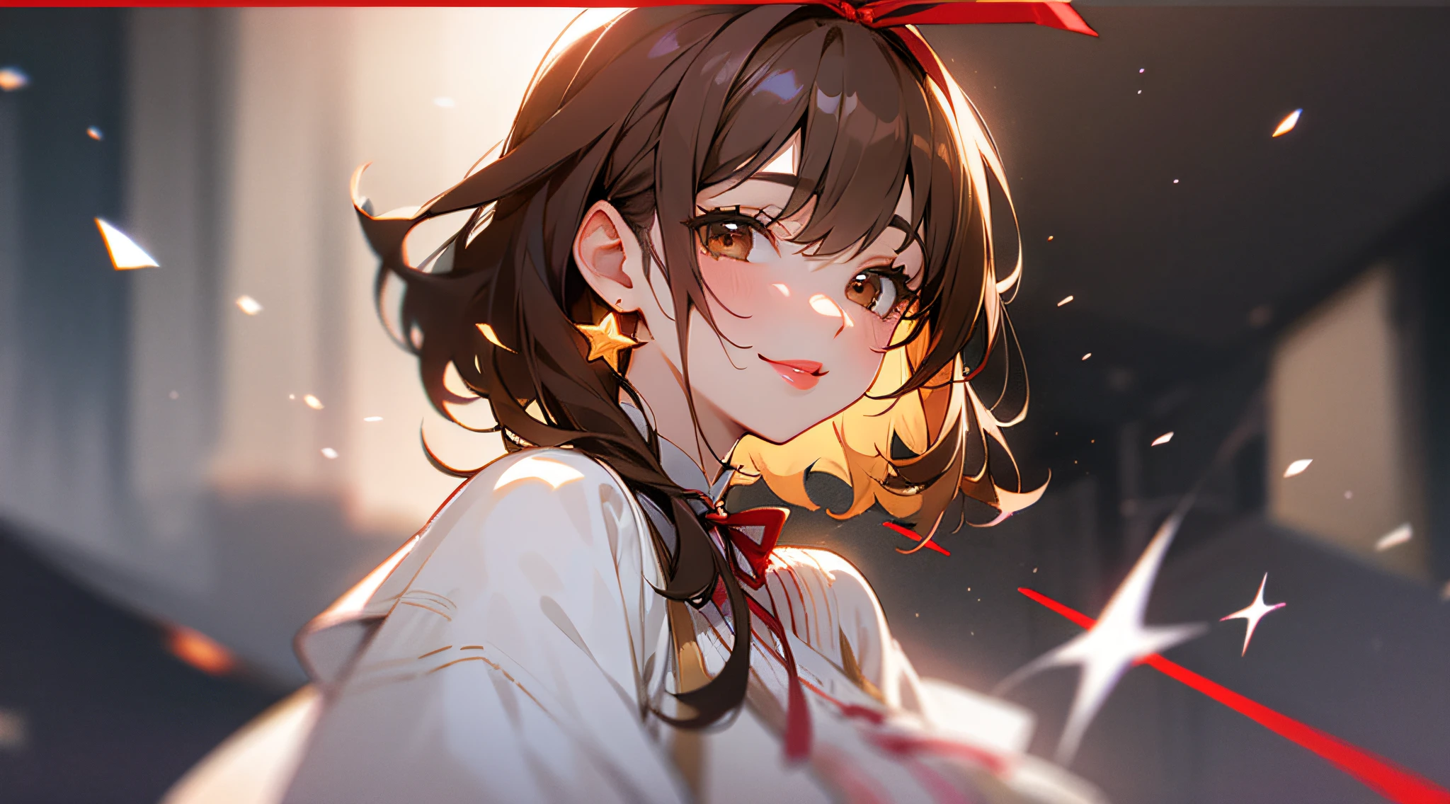 (extremely delicate and beautiful:1.2) 1 girl、bangss、Brown eyes、Blurry、Blurry、the background is blurred、bow ribbon、Brown hair、With mouth closed、from side、Hair between both eyes、Hair Ribbon、lanthanum、Particles of light、long-sleeve、watching at viewers、Medium hair、natta、Red ribbons、独奏、star\ (Symbols\)、The upper part of the body、a smile、red-lips