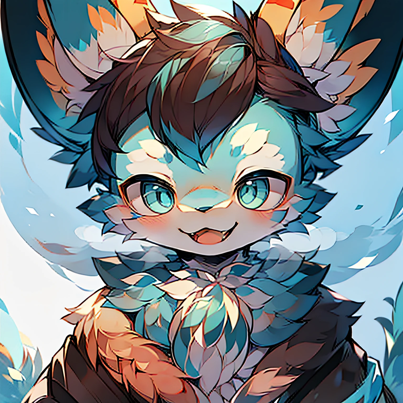 furry,beast ear,solo person,adolable,Blue hair,Blue delicate eyes,Happy expression,ssmile,Delicate expression,highest quality,8k,Ultimate detail,A high resolution