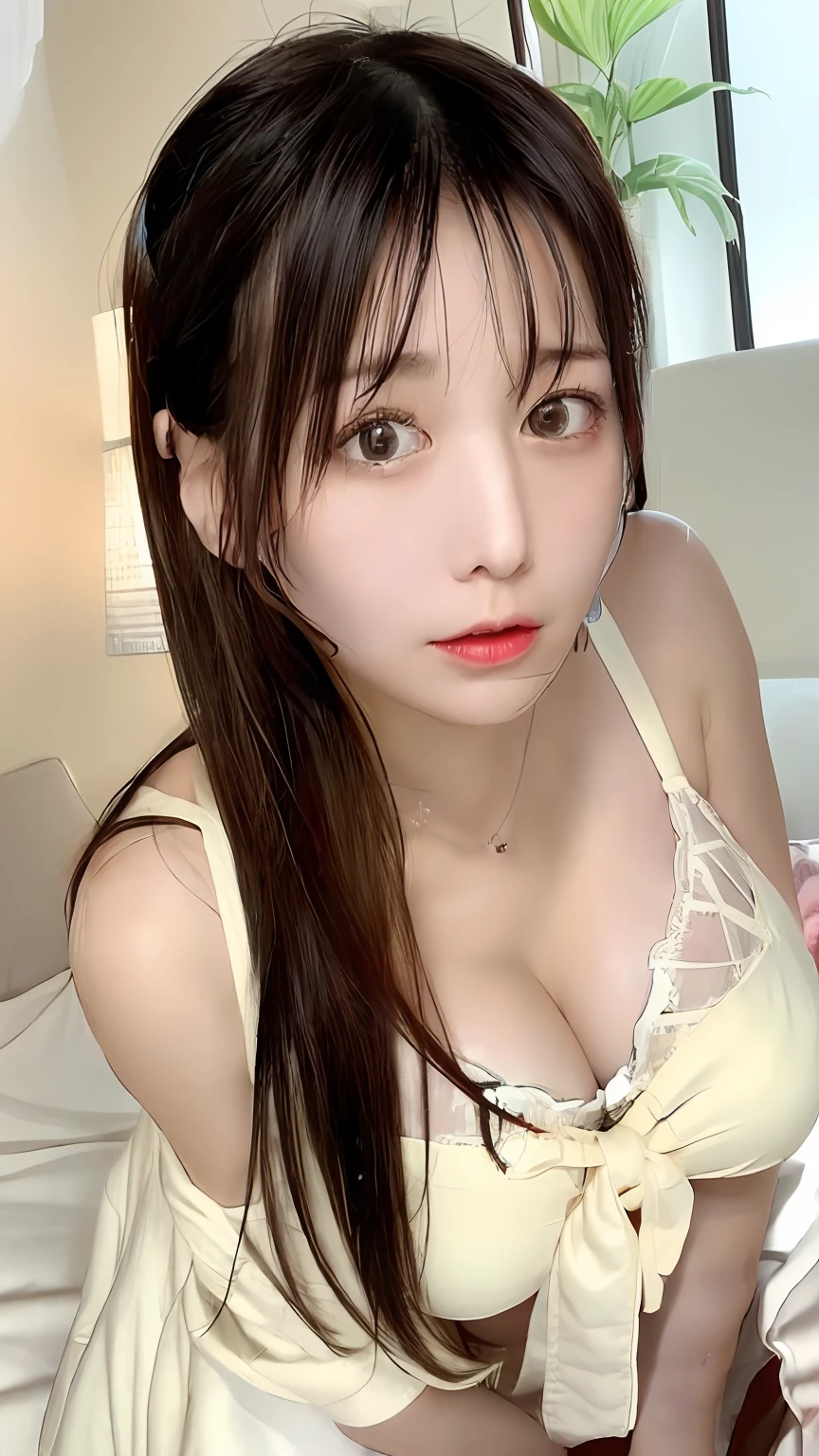 ((nighttime scene、Realistic light、Top image quality、8k、​masterpiece:1.3))、1girl in、Slim figure beauty:1.4、Brown hair、（huge tit:1.3)、Off-shoulder cut top:1.3、Super detailed face、detailedeyes、二重まぶた、Disney land、The fountain、borgar、sparklers、a smile、cleavage of the breast、huge tit