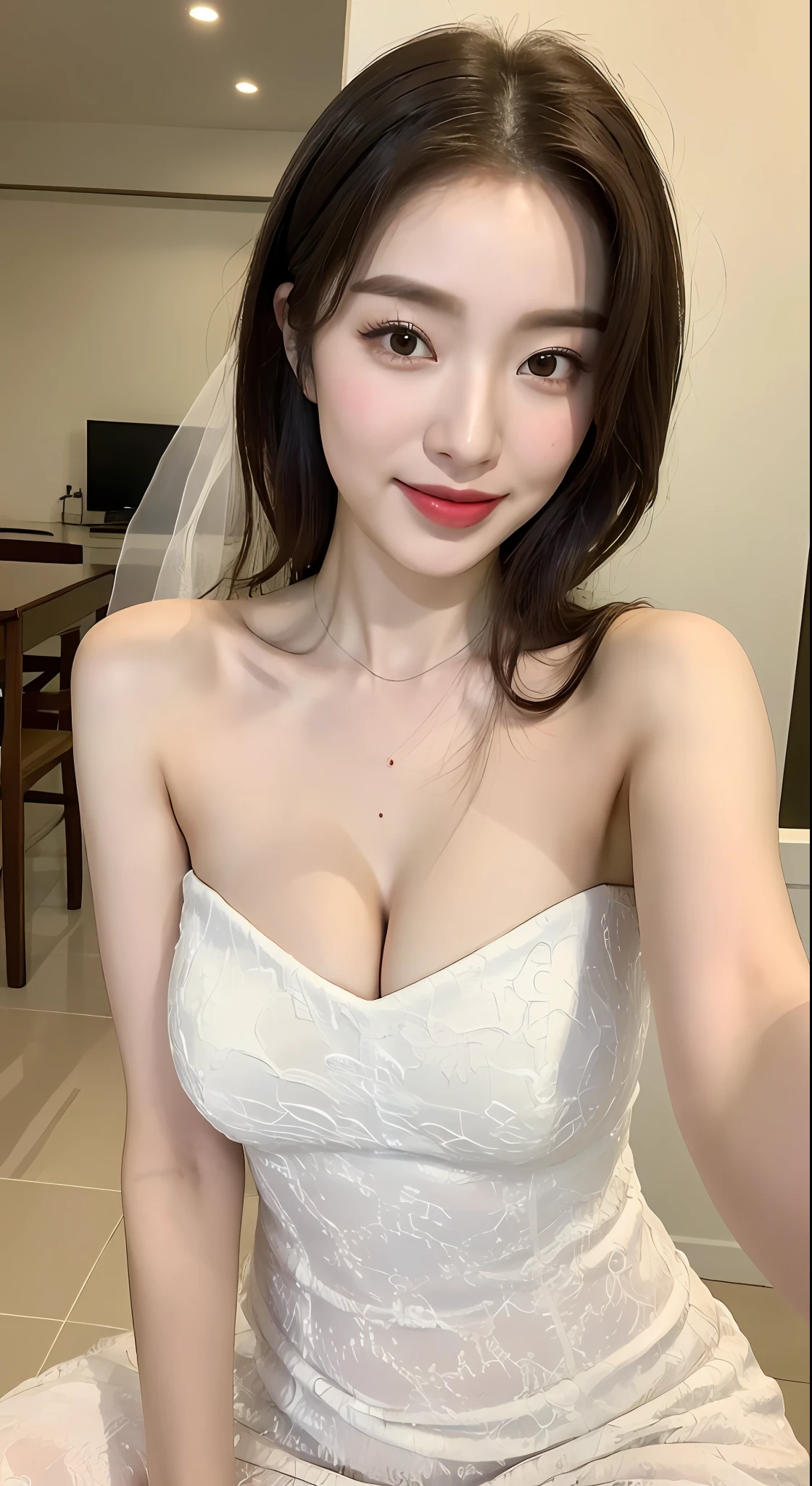 ((Best picture quality, 8K, tmasterpiece:1.3)), 1girll, perfect bodies,Beautuful Women:1.3, (mid hair, huge tit:1.2), Bandeau,shift dresses:1.1, Ultra-fine face, A detailed eye, 二重まぶた,ssmile,white wedding gown