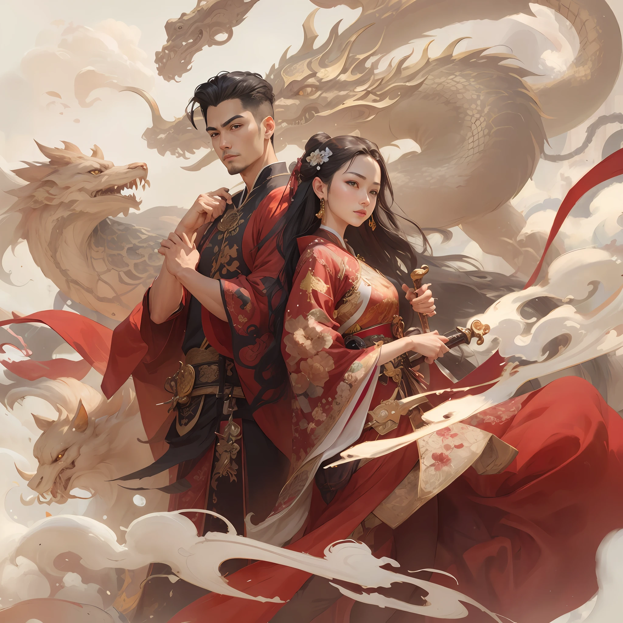 There was a man and a woman dressed in traditional Chinese clothing,holding a sword, by Yang J, Chinese fantasy, xianxia fantasy, Guviz-style artwork, A beautiful artwork illustration, Ruan Jia and Artgerm, Artgerm and Ruan Jia, Guviz, G Liulian art style, yiqiang and shurakrgt