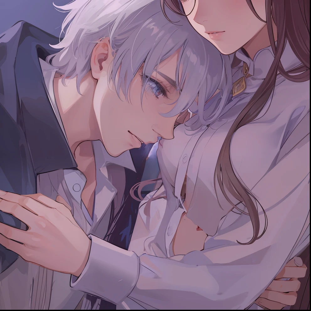 1homem, olhos azuis afiados com pupilas afiadas, cabelos brancos afiados e ele estava vestindo vestes nobres pretas e, Intimate embrace and will kiss with his beautiful wife, ela tem cabelos castanhos claros ((rosto de 41 anos))