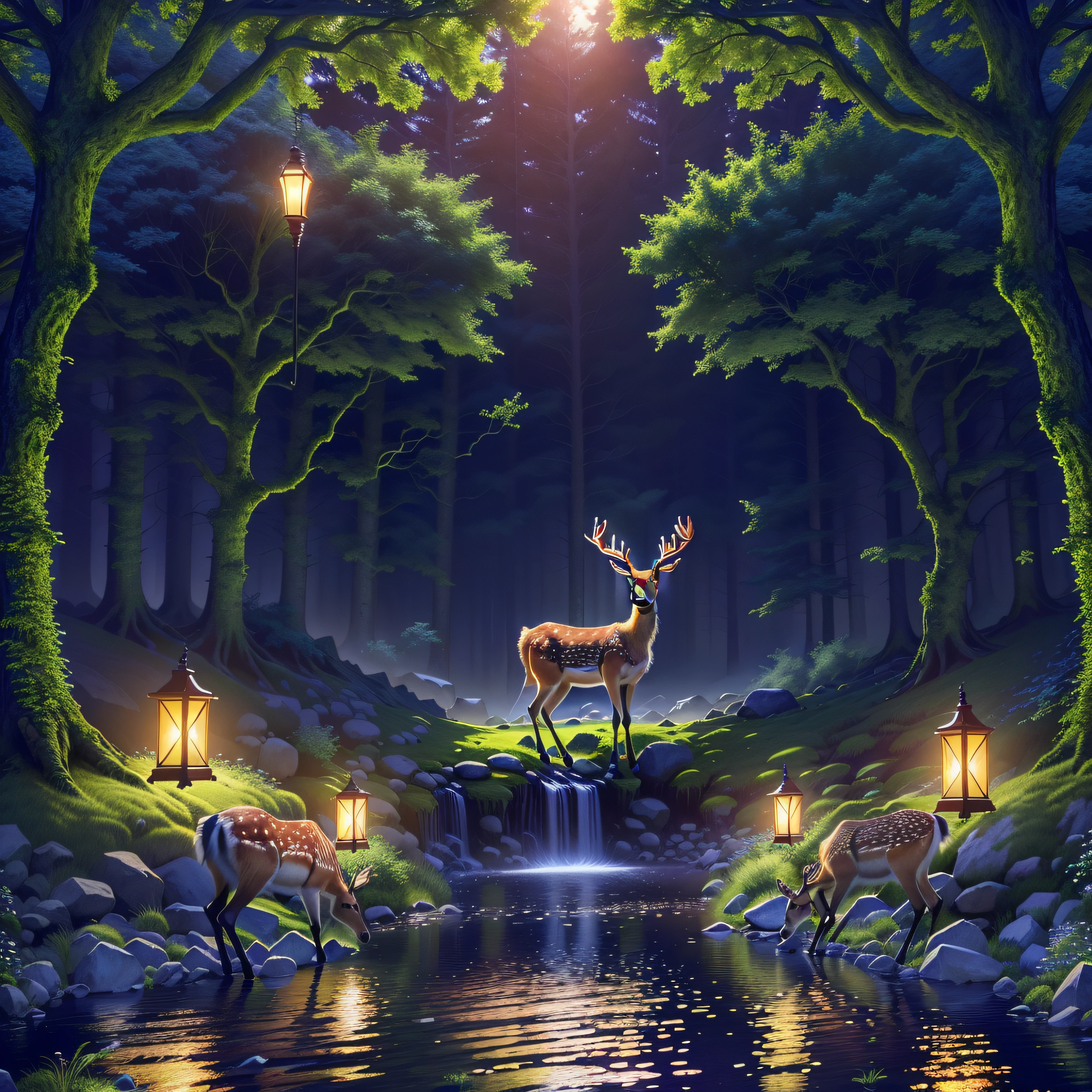 There is a deer standing in the middle of the forest by the stream, 8K highly detailed digital art, Beautiful digital artwork, Stunning artwork in 8K, 8K high quality detailed art, 8K detailed digital art, Beautiful art UHD 8 K, 8K HD illustration wallpaper, background artwork, Realistic fantasy illustration, 8K HD wallpaper digital art