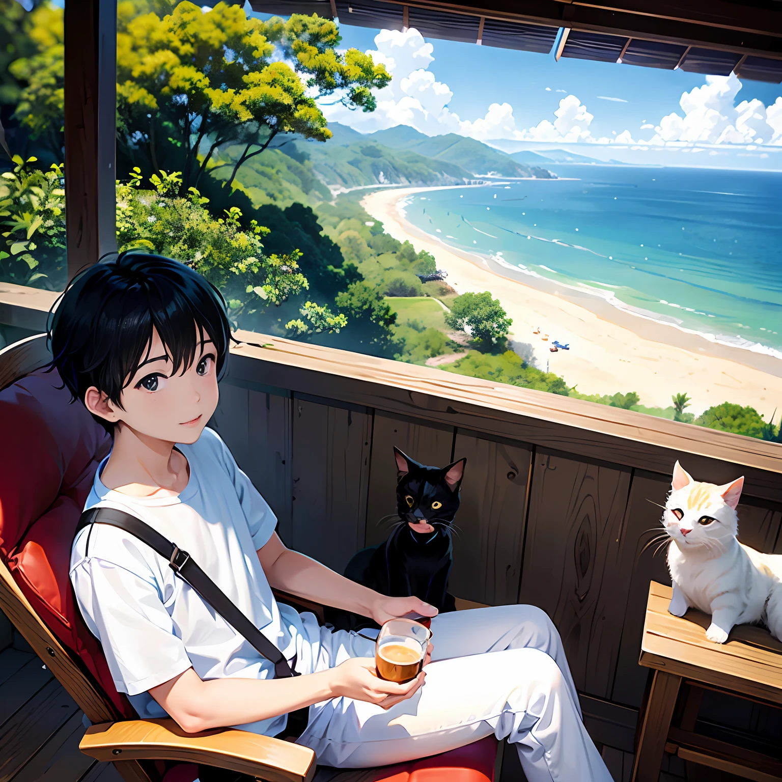 Sunny days、With one cat、On a very high hill with a view of the sea、While sitting in a rocking chair、White shirt and、Wearing black pants、Brew coffee while looking at the sea、One man with black hair and short cuts and eight-headed。