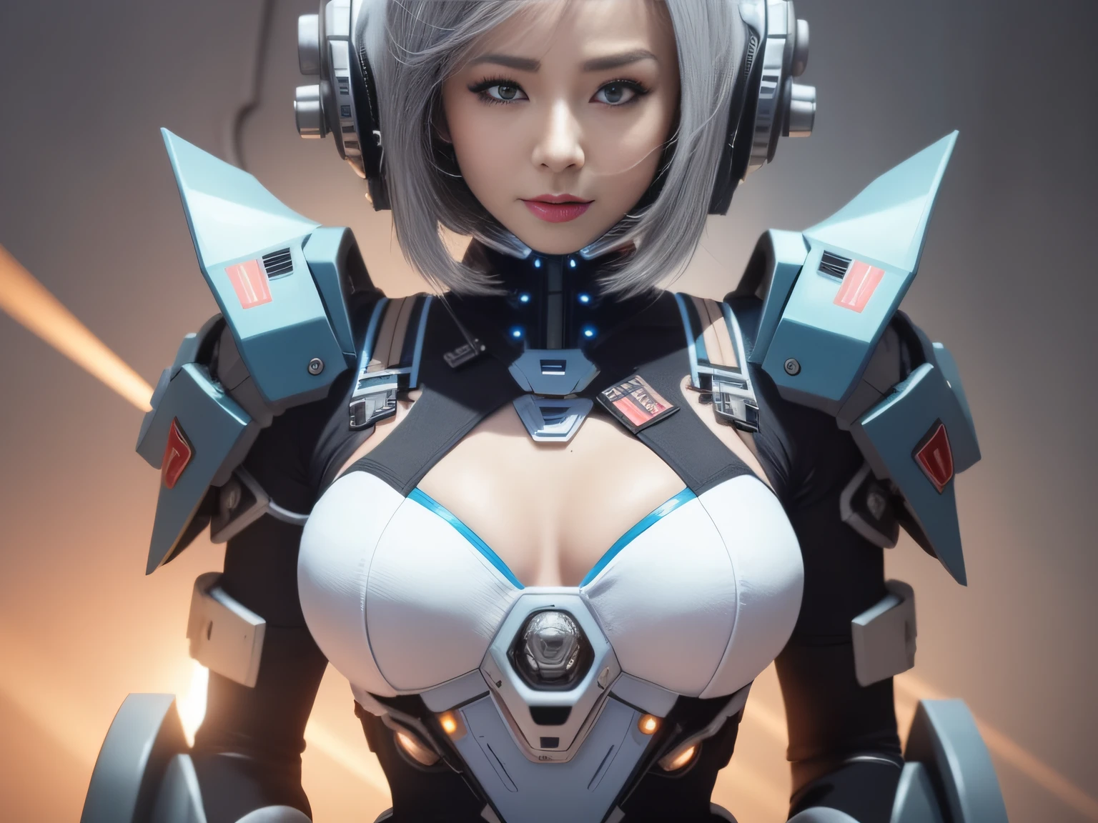 Highest image quality,Outstanding details,超高分辨率,(Fidelity:1.4), Favor the details,closeup cleavage,The background is a scene of a cosmic celestial body, High-tech ships fly far,He has a delicate and beautiful face,((Blue-white semi-mechanical body:1.8)),High-tech mecha weapons, Raised sexy,frontage,cyber punk perssonage,Futuristic,mechanically aesthetic,Virtual Engine 5,Perfect detail rendering,rendering by octane,hyper HD