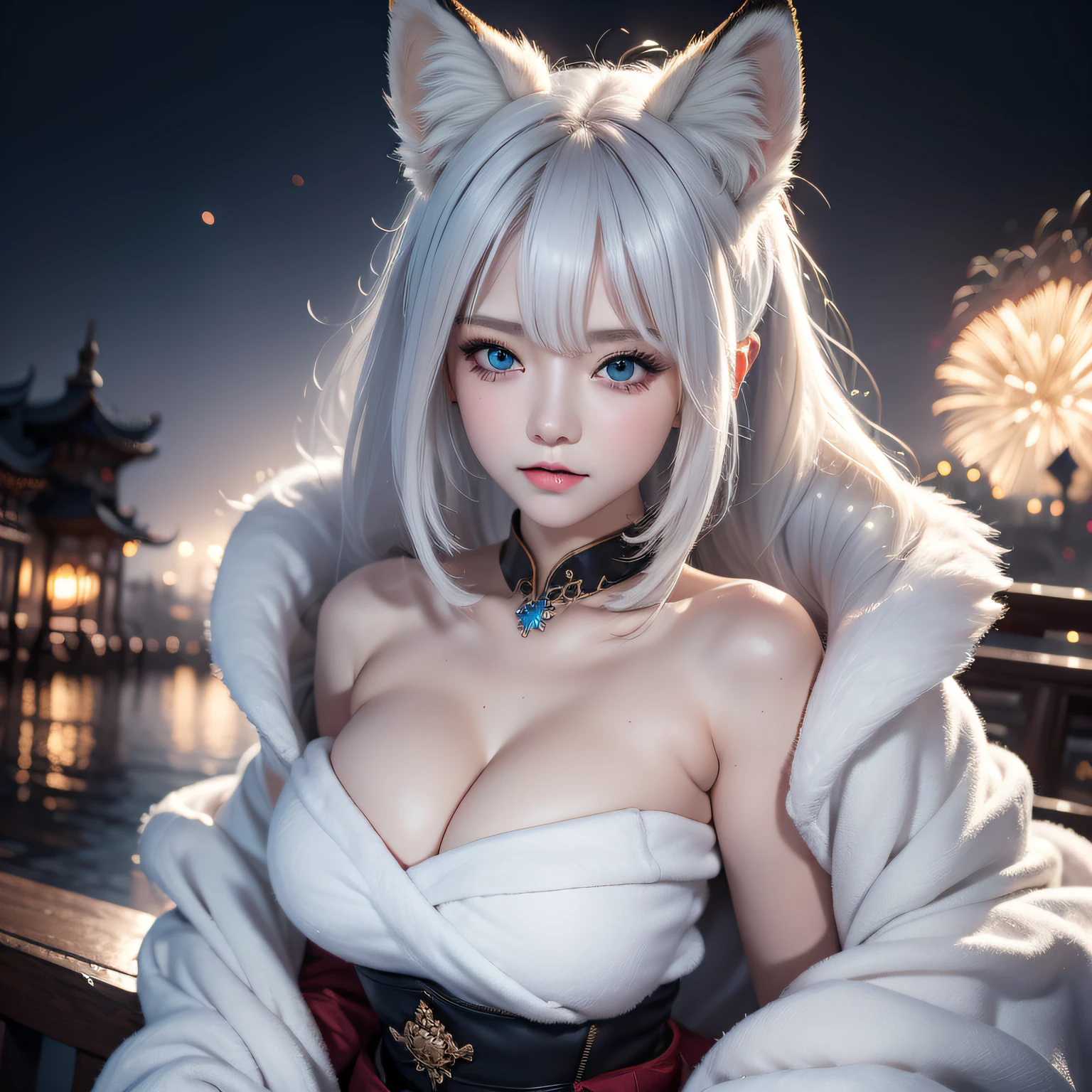 Miss Fox Demon,Jacket、Cotton clothing,Cold winter,Thick cotton coat,Furry cotton coat,Fox demon fox ears white hair girl,Overlooking the night view of Chang'an,Sexy and feminine,Sit Pose,fluffy fox ears,fox tails,No ears,Reddish tone,Gorgeous fireworks background,,A beauty with only fox ears,Cover chest,Fox eyes,Enchanted,Charming,16k, best qualityer, tmasterpiece, 1womanl, , Raised sexy, Highly detailed face and eyes, professional make-up, ,, glow blue eyes,Fox ears white hair girl
