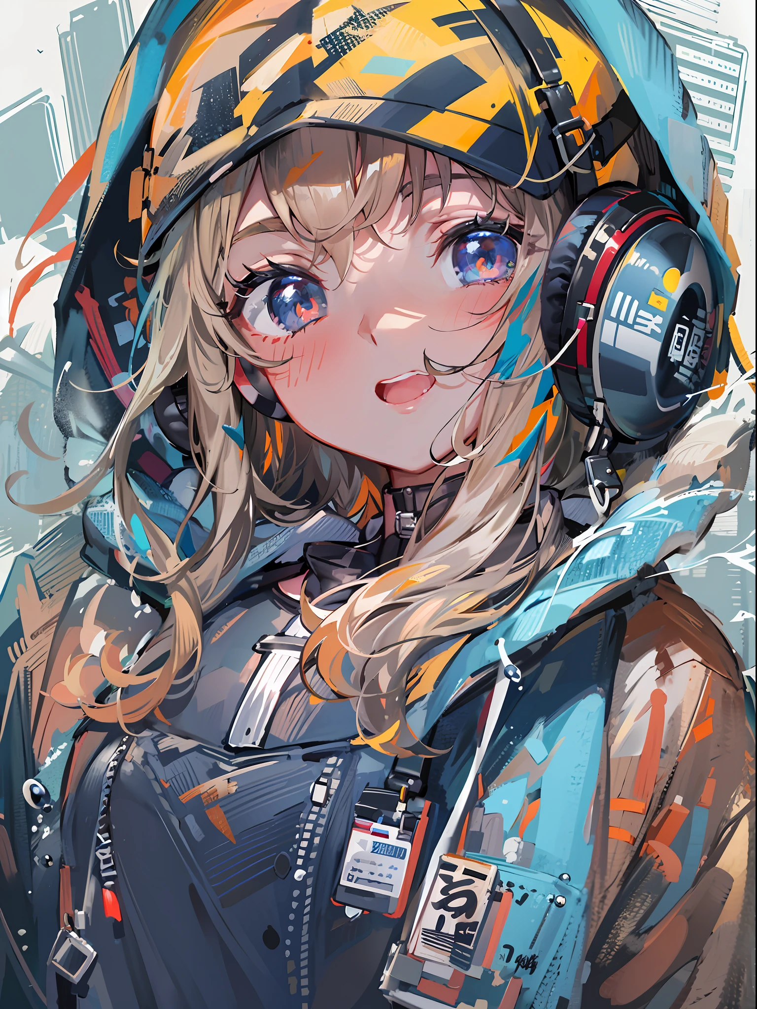 8K分辨率、((top-quality))、((​masterpiece))、((ultra-detailliert))、1 woman、独奏、incredibly absurdness、Oversized hoodies、headphones、Street、plein air、Sateen、neons、Shortcut Hair、Brightly colored eyes、Hands in pockets、shortpants、water dripping