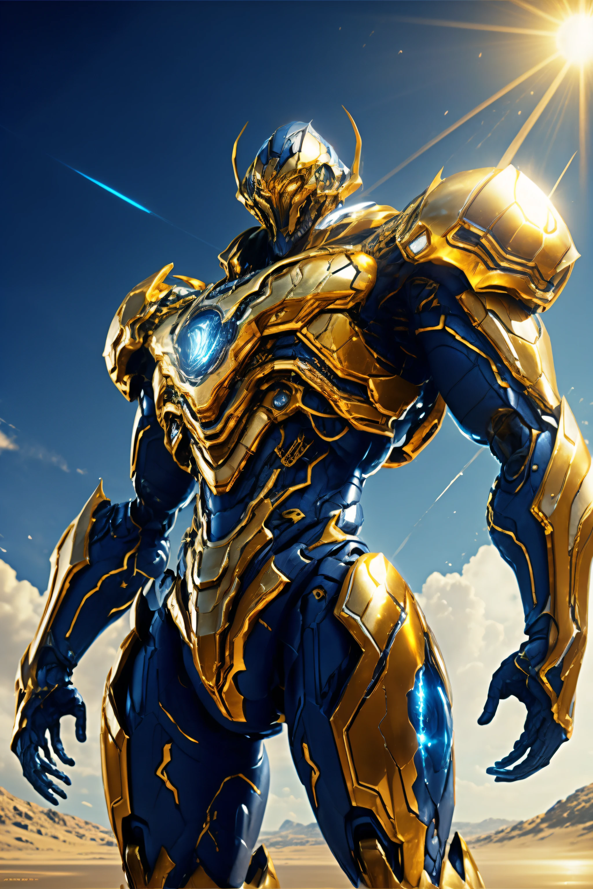 giant robot glowing eyes, golden, reflective, sunshine , blue sky,
dramatic lighting,
best quality, masterpiece,
digital painting, 8K, artstation,