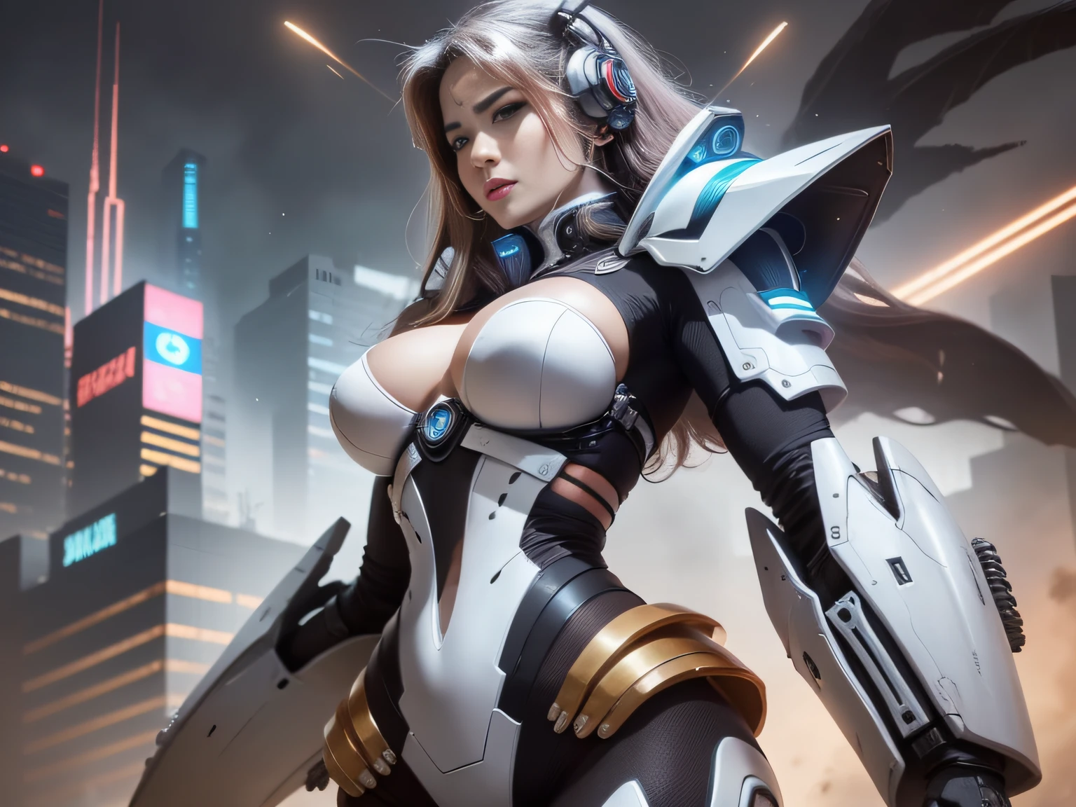 Highest image quality,Outstanding details,超高分辨率,(Fidelity:1.4), Favor the details,closeup cleavage,The background is a scene of a cosmic celestial body, High-tech ships fly far,He has a delicate and beautiful face,((Blue-white semi-mechanical body:1.8)),High-tech mecha weapons, Raised sexy,frontage,cyber punk perssonage,Futuristic,mechanically aesthetic,Virtual Engine 5,Perfect detail rendering,rendering by octane,hyper HD