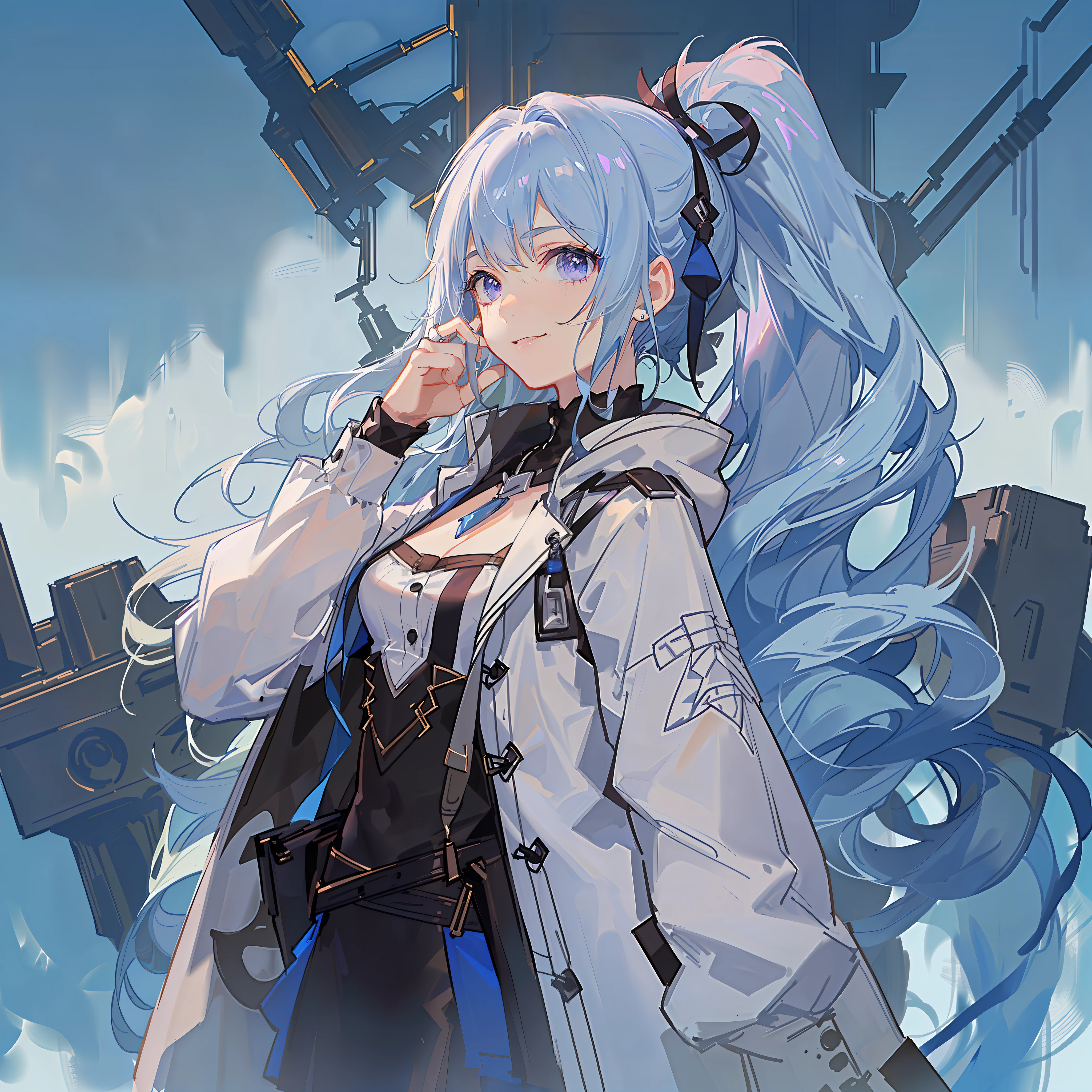 Girl with blue and white hair，Wearing a thick white coat，Large lapels，Purple eyes，Industrial style clothing，From the maiden front，From the Ark of Tomorrow，Blue strap decoration，Bust，Half-buttoned coat，Dong with a high ponytail，small，solo person，White half-button jacket，Mature girl，Black underwear bottoms，ssmile，Black tight lining，