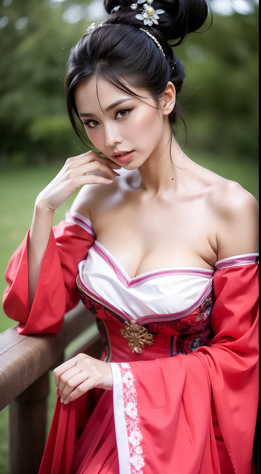 Fashion model 16 years old [[[[closeup cleavage]]]], [[[[boobgasm]]]], [[[[coll]]]], [[[[bshoulders]]]], perfect  eyes, Perfect iris，perfect lips，perfect teeth，Perfect skin，Long face，Soft front light，HDR，filmgirl,Red costume，White period costume，Pink period costume，Green leaves and flowers in the background，（pastel colour：1.2）