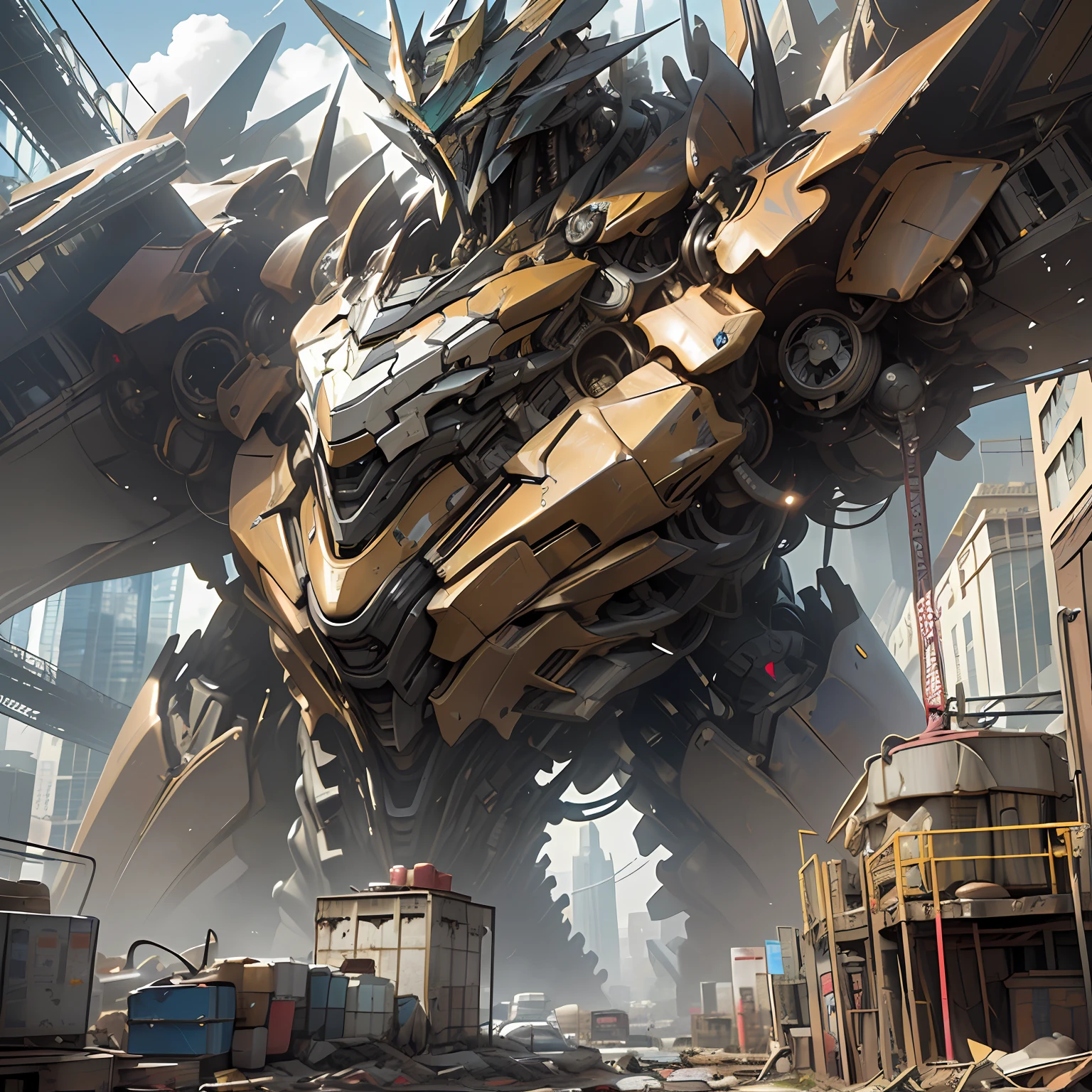 A huge mechanical monster,Scary metal monsters,(babel:1.3),(Transformers(/Soaring skyscrapers/):1.3), Hexagonal lines cover the entire body, Ul,hyper HD, retinas, Anatomically correct, Textured skin, Super detail, Best quality, A high resolution,Connected by countless pipes,Huge gestalt,The dominance of group consciousness,cyber punk perssonage,Mechanized biology,Gold casing,It consists of a large amount of rusty industrial waste and some steel wire,Giant mechanical monsters,Giant monster,(Fantasy composition:1.3)