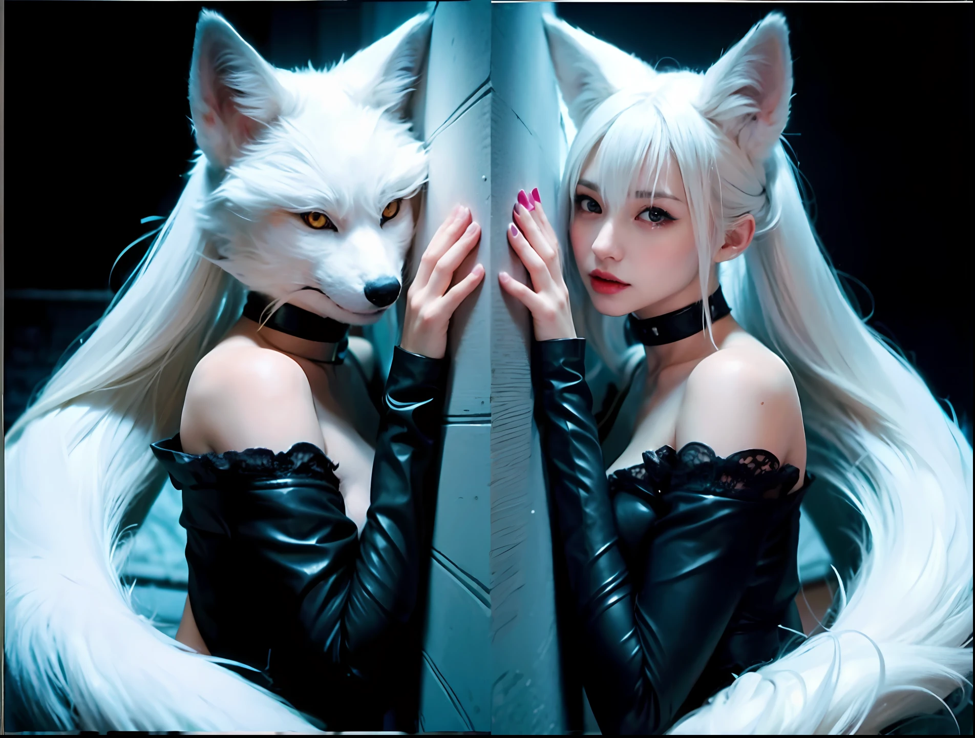 Anime girl with white hair and black leather clothes posing with white wolf, Vampire White Fox, White fox ears, White-haired fox, white fox anime, Anime girl cosplay, Anime cosplay, Tifa Lockhart with white hair, White fox, Holo is a wolf girl, glamourous cosplay, a beautiful fox lady, fox nobushi, White Cat Girl