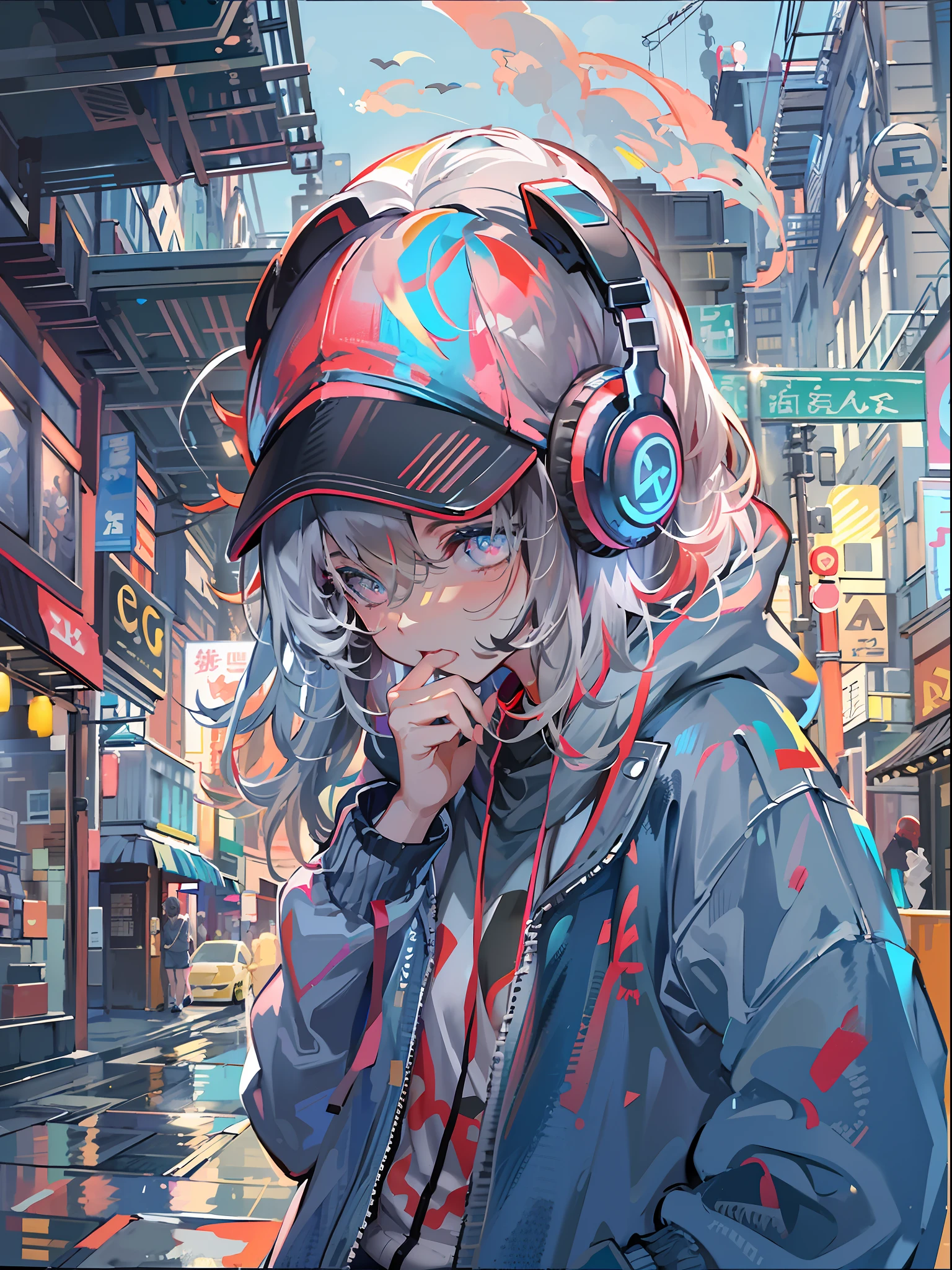 8K分辨率、((top-quality))、((​masterpiece))、((ultra-detailliert))、1 woman、独奏、incredibly absurdness、Oversized hoodies、headphones、Street、plein air、Sateen、neons、Shortcut Hair、Brightly colored eyes、Hands in pockets、shortpants、water dripping