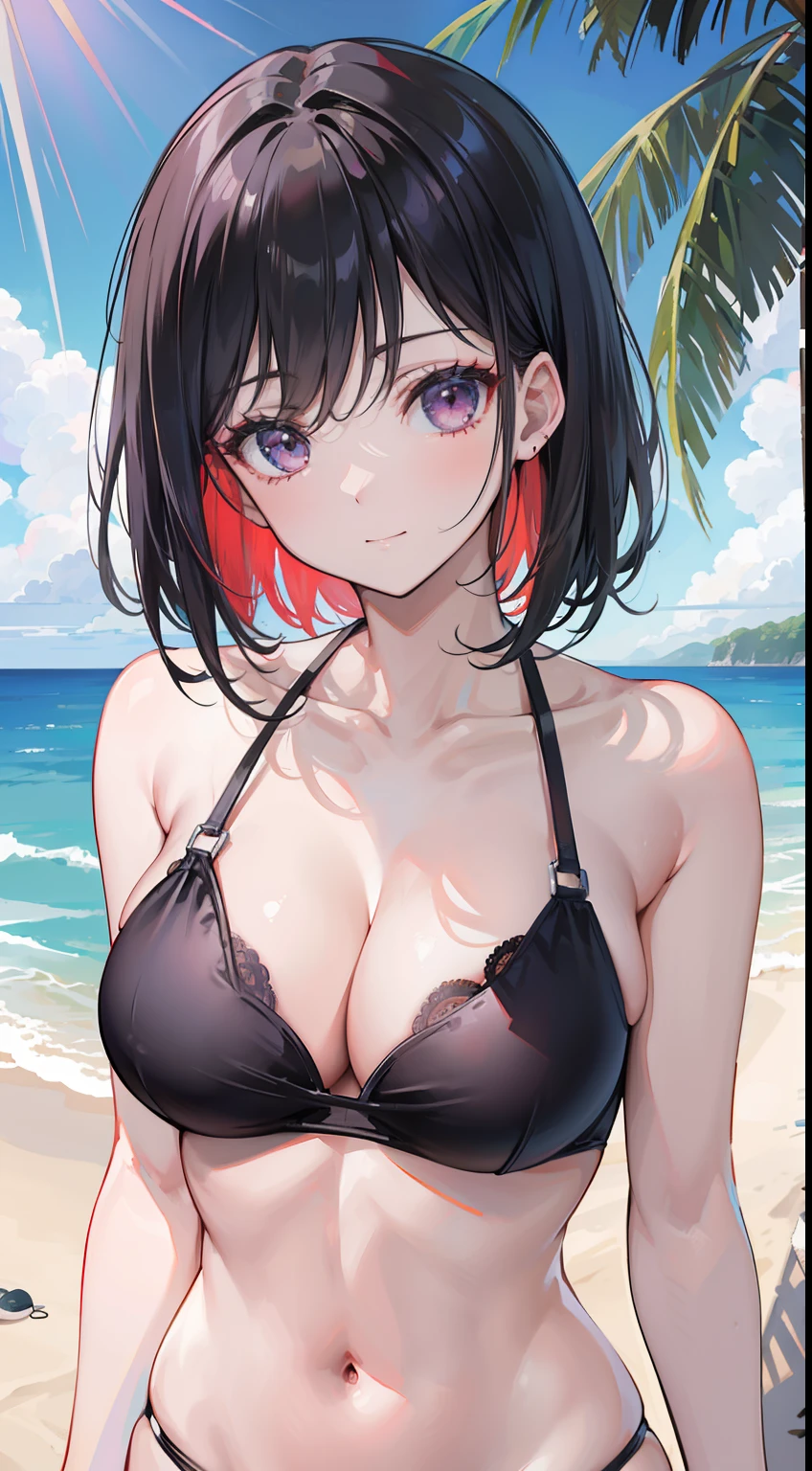 one-girl，30 age old，having fun，Close-up of people，Close-up，short detailed hair，Black hair，Black bra，swim wears，frontage，Bust photo，The upper part of the body，比基尼，Overlooking，body curve，Purple eye，(Breast size 1.3)，looks into camera，sportrait，closeup cleavage，Be red in the face，ssmile，brassier，beachside，sandbeach，​​clouds，The tree