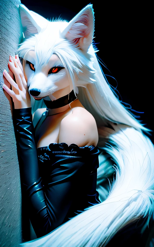 Alafi with white hair and white fox mask, White-haired fox, White fox, Vampire White Fox, Holo is a wolf girl, Furry tail, female anthropomorphic wolf, wolf women,, with kitsune mask, female fursona, furry wolf, white fox anime, Furry character, White furry body White furry body White furry body White furry body White furry body There is a big man behind the buttocks, The coarse-haired fox is silvery-white-gray, Snow-white, Brownish-red tail,Long silver-white flowing hair,Fox ears on the head,Sexy red,Dark brown fur clothes,Grows a furry fox tail,Sexy and enchanting,leaning back against the wall,Fox tail,