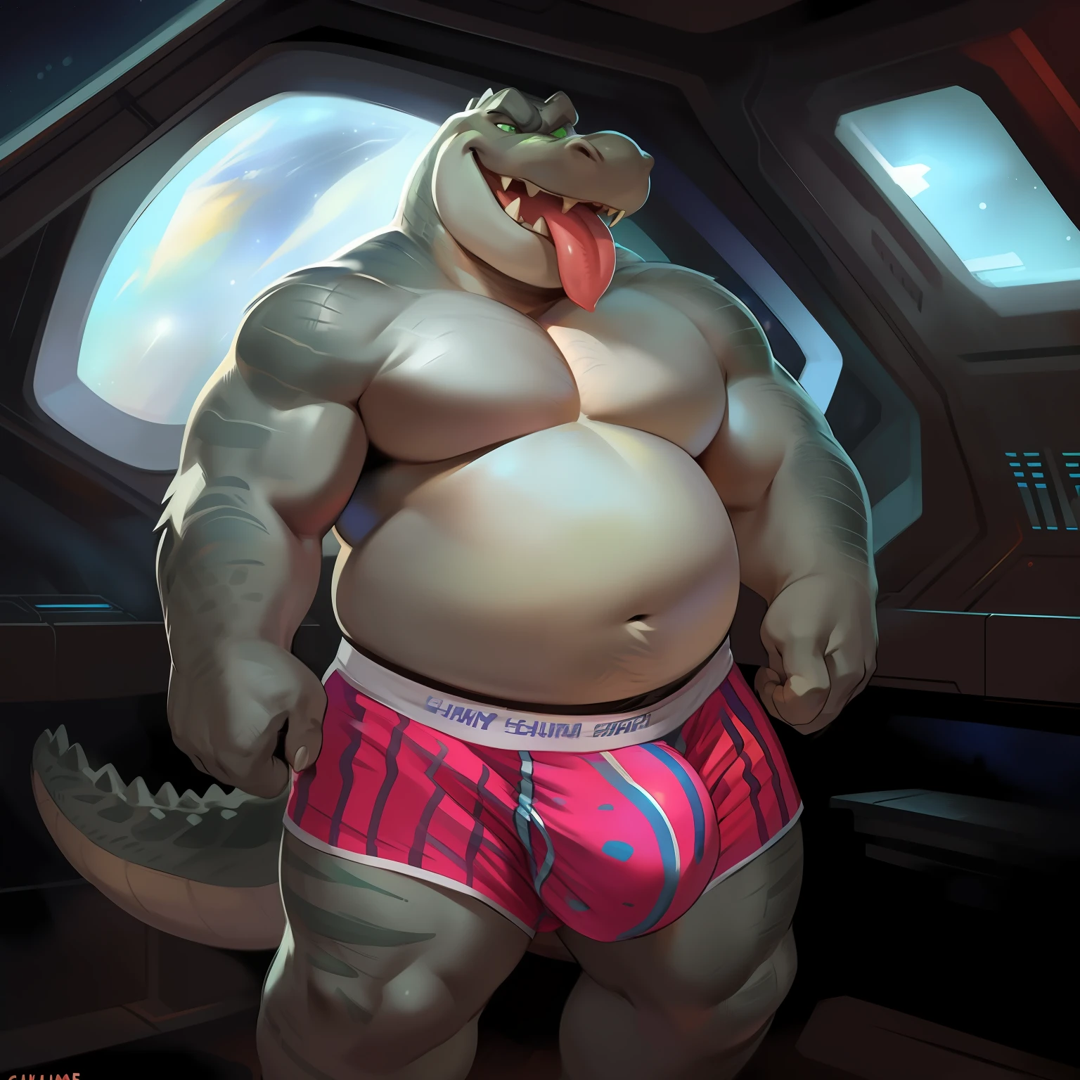 Solo, male, standing, alligator, rape face, hungry expression, grey skin, pink skin, big face, fangs, blep, thick tongue, green eyes, detailed eyes, overweight, flabby, big, massive, giant, fat, big arms, by chunie, by darkgem, by dramamine, by glitter trap boy, (((boxers, big bulge, Outline outline, base, underwear only, detailed genitalia outline, detailed crotch))), space, spaceship, window