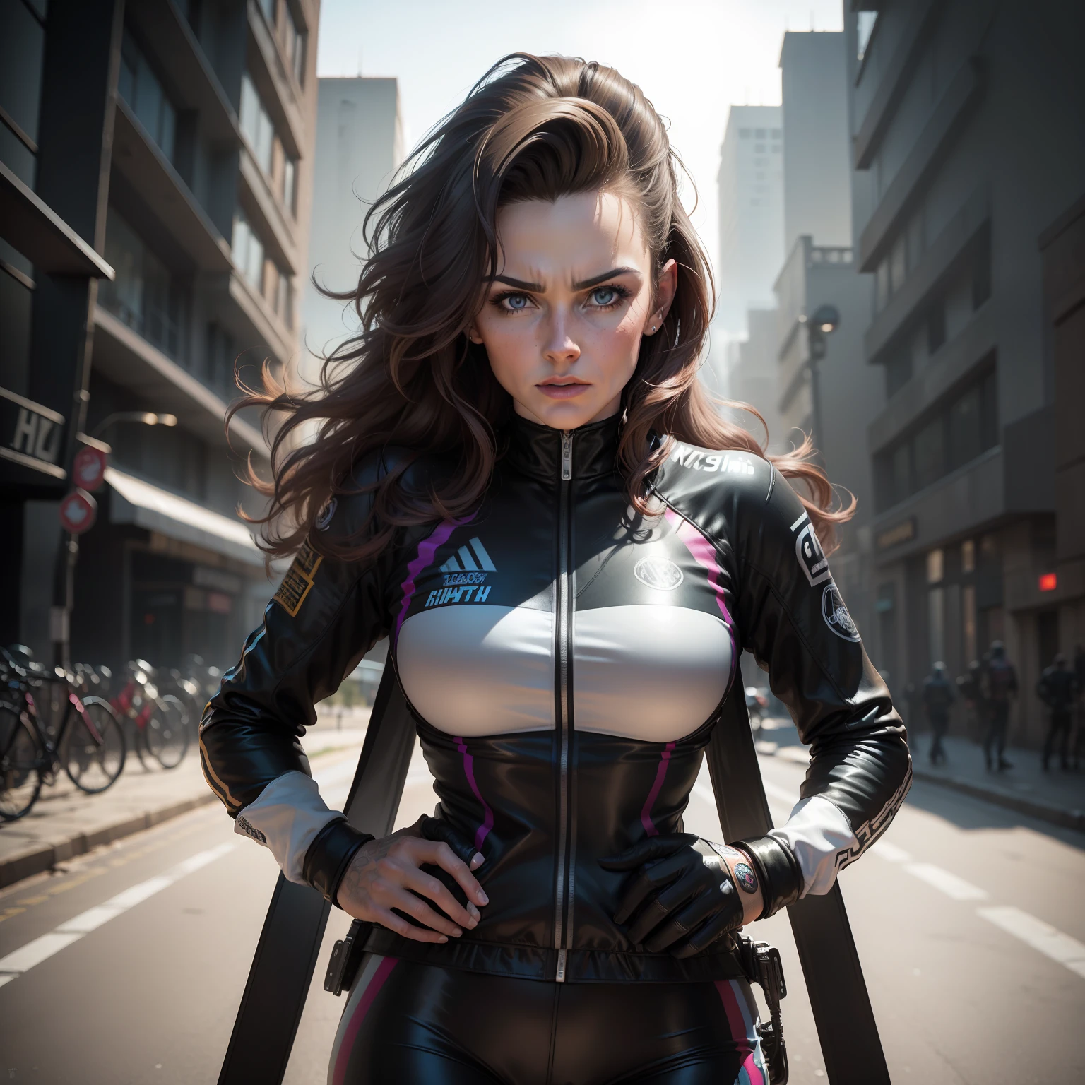 A (waist up:1.2) cinematic photorealistic color digital painting of Female GCN Presenter Manon Lloyd, road bike cyclist (80's heavy metal rock star hair style:1.2), detailed face, insanely detailed and intricate, crisp sharp and clear, volumetric lighting, ultra-high resolution, masterpiece hyper realistic artwork of Don Lawrence, centered, Professional color grading by Kenneth Hines Jr.