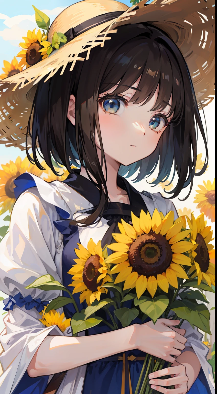 high high quality，tmasterpiece，Delicate facial features，Delicate hair，Delicate eyes，Delicate hair，animemanga girl，himawari， Straw Hat Hat，Short brunette hair，Green dress， Fantastic flower garden，Beautiful sunflowers，romanticism lain,  anime art style，(Anime girl), anime artsyle，8K high quality detailed art（Delicate facial portrayal）（Fine hair portrayal）（highest  quality）（Master masterpieces）（High degree of completion）（a sense of atmosphere）8k wallpaper，tmasterpiece，Best quality at best，ultra - detailed