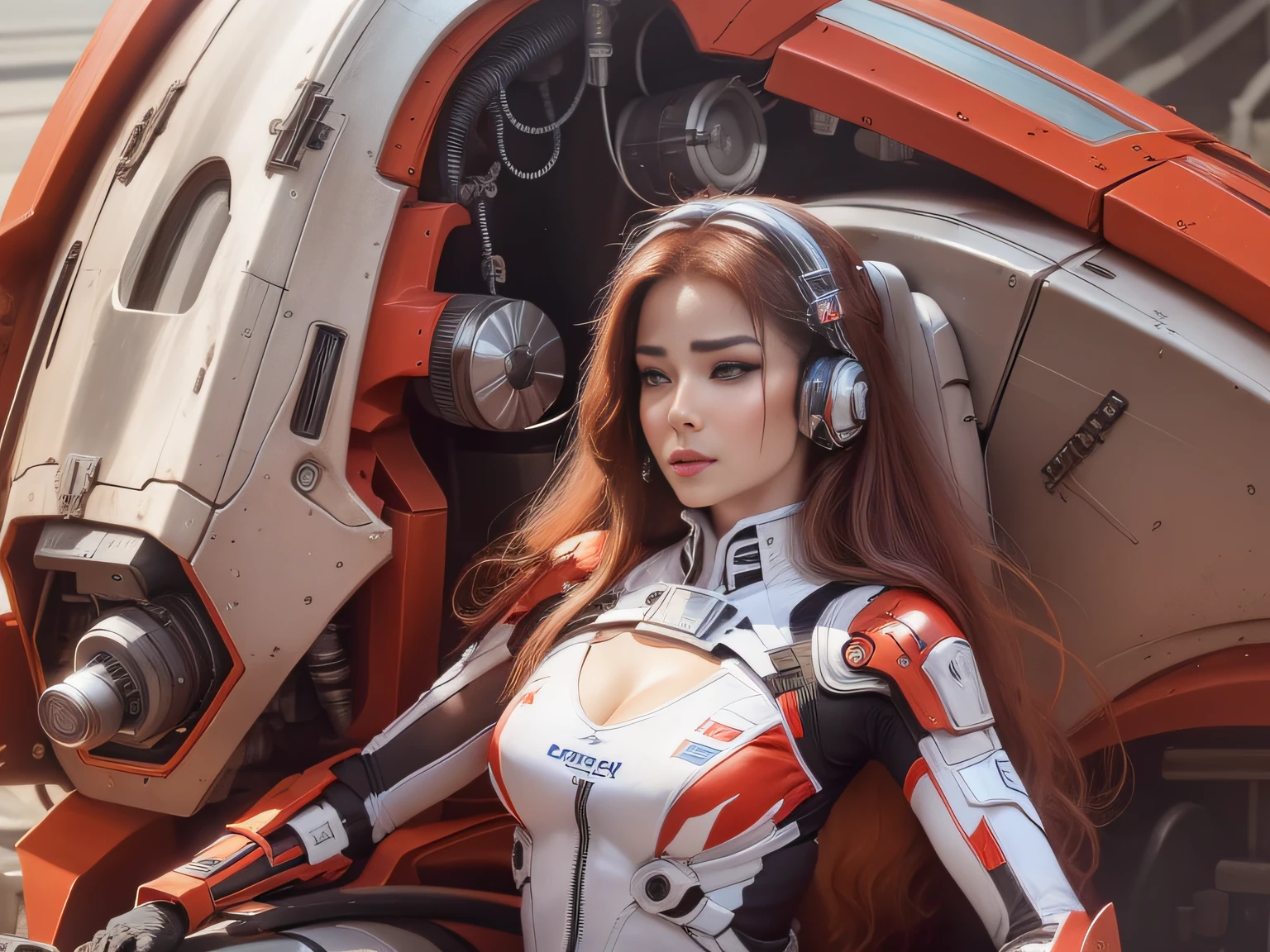 Highest image quality，Outstanding details，超高分辨率，（Fidelity：1.4），The best illustration，Favor the details，closeup cleavage，A mech girl，He has a delicate and beautiful face，（（Red and white semi-mechanical body：1.8）），Raised sexy，，cleavage，onbed，frontage，cyber punk perssonage，Futuristic，mechanically aesthetic，Complex machinery，The background is a high-tech lighting scene in the future city，Virtual Engine 5，Perfect detail rendering，rendering by octane，hyper HD