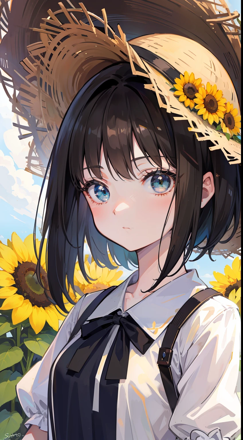 high high quality,tmasterpiece,Delicate facial features,Delicate hair,Delicate eyes,Delicate hair,animemanga girl,himawari, Straw Hat Hat,Short brunette hair,Green dress, Fantastic flower garden,Beautiful sunflowers,romanticism lain, anime art style,(Anime girl), anime artsyle,8K high quality detailed art(Delicate facial portrayal)(Fine hair portrayal)(highest quality)(Master masterpieces)(High degree of completion)(a sense of atmosphere)8k wallpaper,tmasterpiece,Best quality at best,ultra - detailed