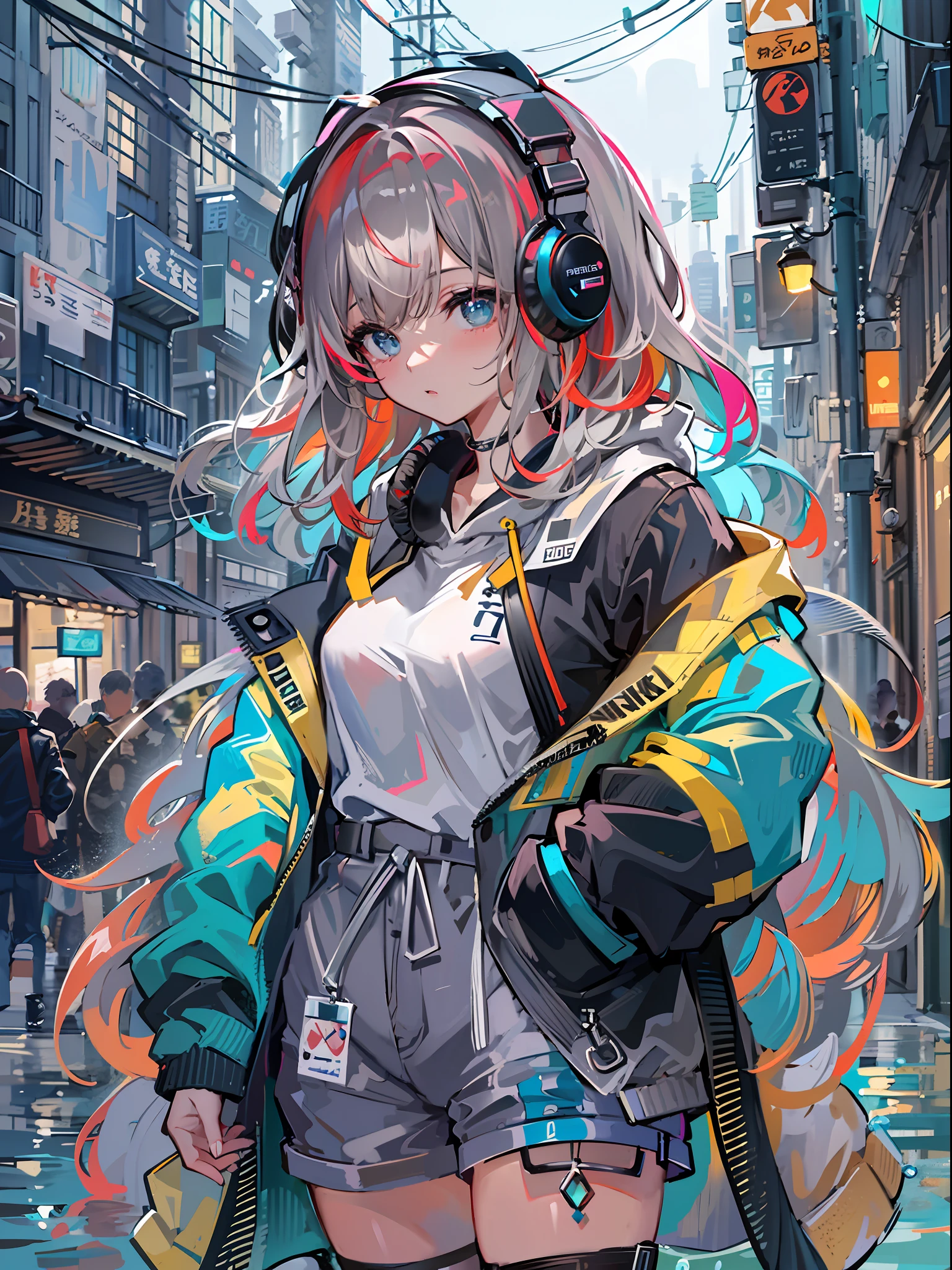 8K分辨率、((top-quality))、((masterpiece))、((ultra-detailliert))、1 woman、独奏、incredibly absurdness、Oversized hoodies、headphones、Street、plein air、Sateen、neons、Shortcut Hair、Brightly colored eyes、Hands in pockets、shortpants、water dripping