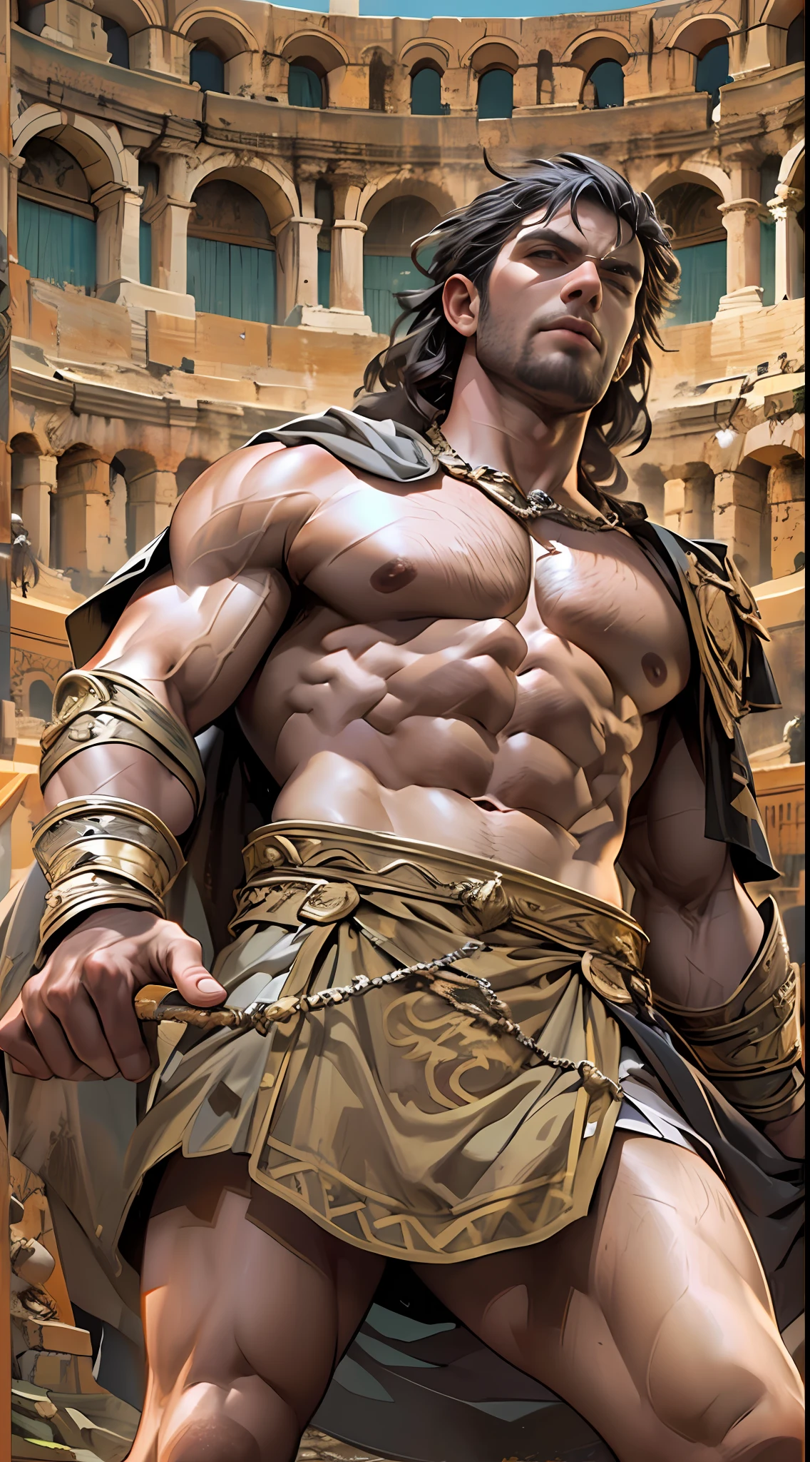 Muscular gladiator,Upper body revealed, legs uncovered from thighs to feet, flowing long curls, intricate muscular details, photorealistic artwork. Background: Ancient Roman arena.,32k uhd, best quality, masterpiece, super detail, high details