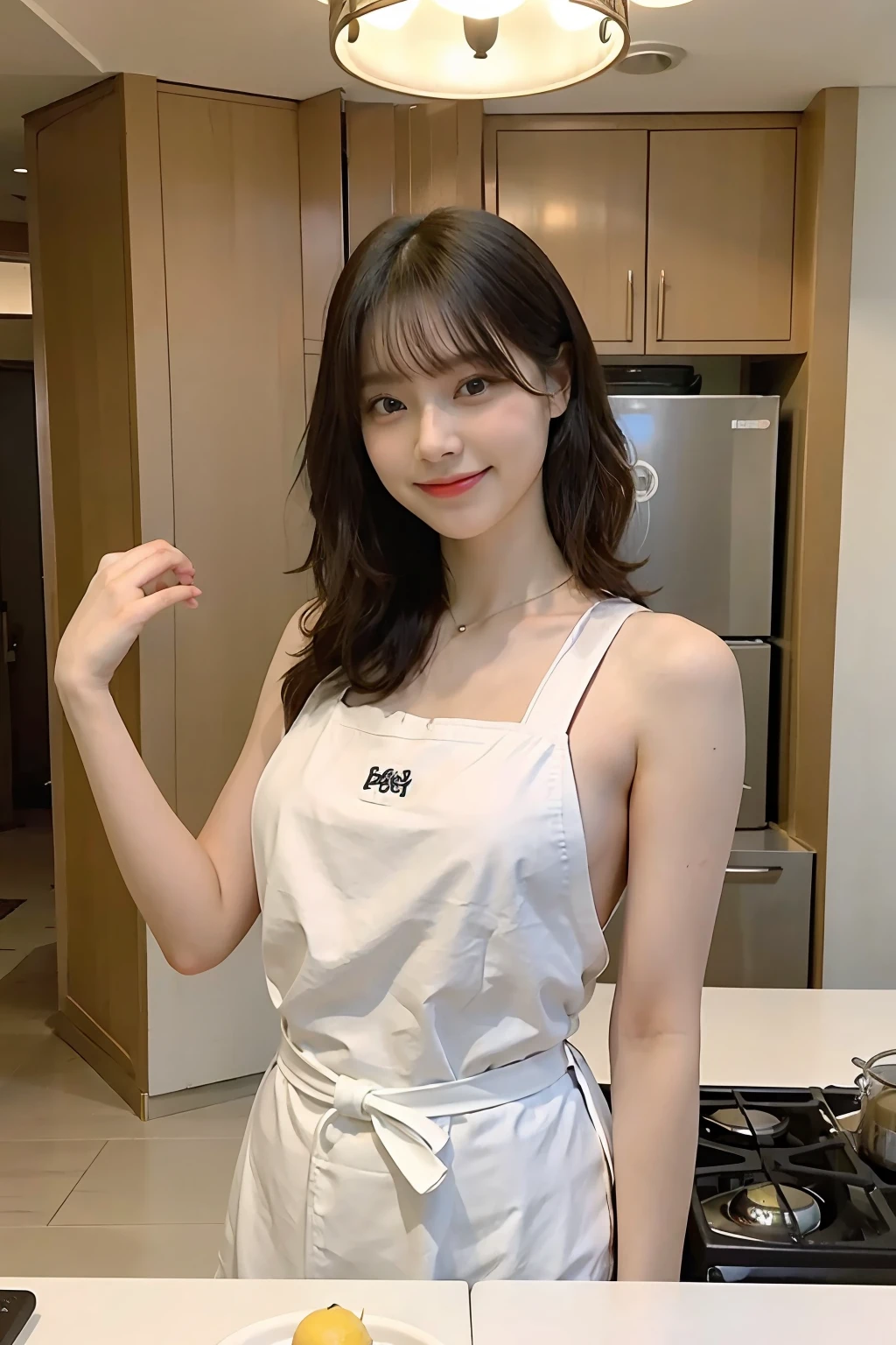 a woman is cooking、(kitchin_Apron:1.Wear 3)、Good Hand、4K、hight resolution、​masterpiece、top-quality、Cap:1.3、((Hasselblad photo))、Fine skin、foco nítido、(lighting like a movie)、Soft lighting、dynamic ungle、[:(详细的脸:1.2):0.2]、Medium chest、sweats streamed skin:1.2、(((In the kitchen))) A smile　Beautiful profile　Colossal tits　Beautiful body　Tying hair　Wide background々and a luxurious living room　Luxurious and luxurious living　Luxurious living room　Beautiful living room　Beautiful living room　A smile　an orange　lemons　A smile　Laughing　banana in　pineapple　Luxurious room　beautiful  lighting　Beautiful lighting　Very large room　very high image quality　very high res　8k Photos　Viewer's Perspective　Very gorgeous kitchen　Luxury Kitchen　white tank tops　White Apron　Millionaire Kitchen　Fine kitchen