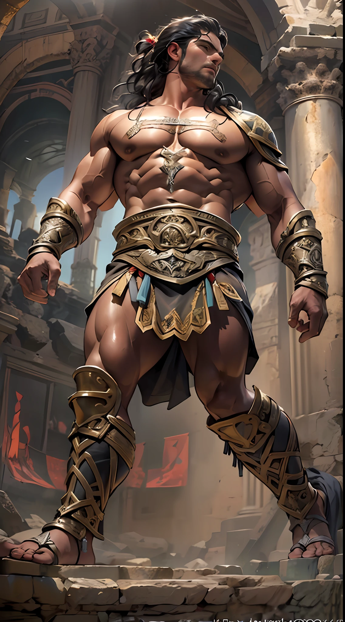 Muscular gladiator,Upper body revealed, legs uncovered from thighs to feet, flowing long curls, intricate muscular details, photorealistic artwork. Background: Ancient Roman arena.,32k uhd, best quality, masterpiece, super detail, high details