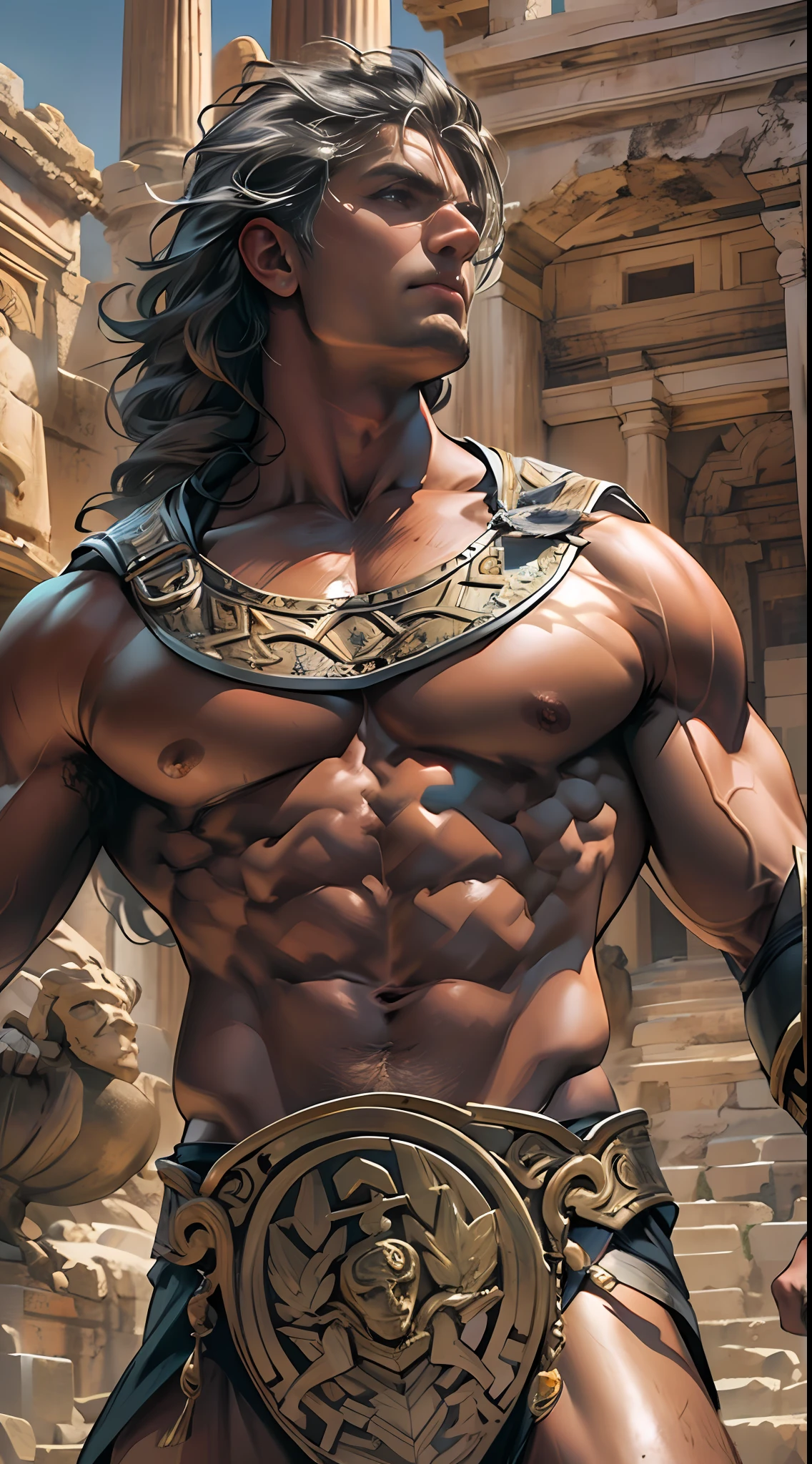 Muscular gladiator,Upper body revealed, legs uncovered from thighs to feet, flowing long curls, intricate muscular details, photorealistic artwork. Background: Ancient Roman arena.,32k uhd, best quality, masterpiece, super detail, high details