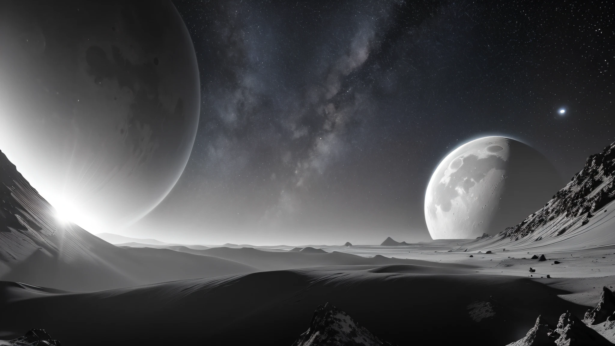 Simple colors,Black and white gray,on the surface of the moon,The background is the cosmic starry sky,Strong ground texture,Simple colors,Black and white gray,Starry sky dot in the background,best qualtiy, Hyper-realistic, photorealestic, 8K, photore, Wandering Earth,star war,sharp detailed, cinematic photogtaphy, cinematic lighitnglamplight, cinema shot, black background centered, cinematic ligh, Full-HD, 1080p, 2K, 4K 18K 8K Ultra HD,focus-on、professinal、quality