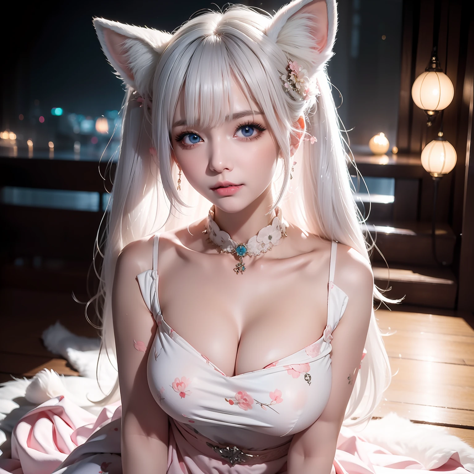 Miss Fox Demon,A T-shirt wraps around the neck,High collar、High collar、High collar、High collar、High collar、High collar、Fox demon fox ears white hair girl,Overlooking the night view of Chang'an,Sexy and feminine,Sit Pose,fluffy fox ears,fox tails,No ears,Reddish tone,Gorgeous fireworks background,Pink floral maxi dress,A beauty with only fox ears,Cover chest,Clan girl,Fox eyes,Enchanted,Charming,16k, best qualityer, tmasterpiece, 1womanl, , Raised sexy, Highly detailed face and eyes, professional make-up, ,, glow blue eyes,Fox ears white hair girl