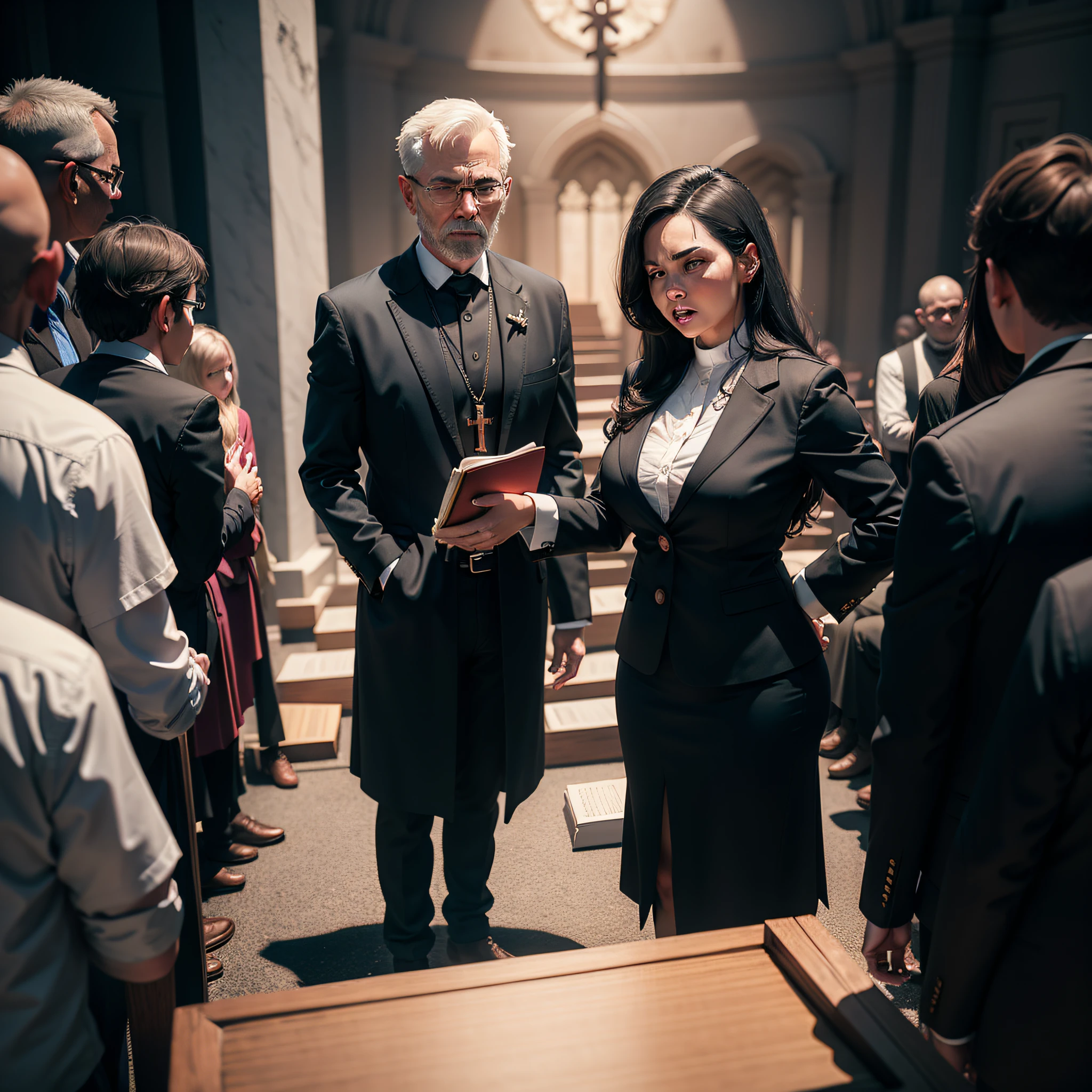 A pastor of an evangelical church with a bible in her hand is preaching to the dead who are interested in what he says and also to demons who are frightened by the power of what he says, em perspectiva 3d