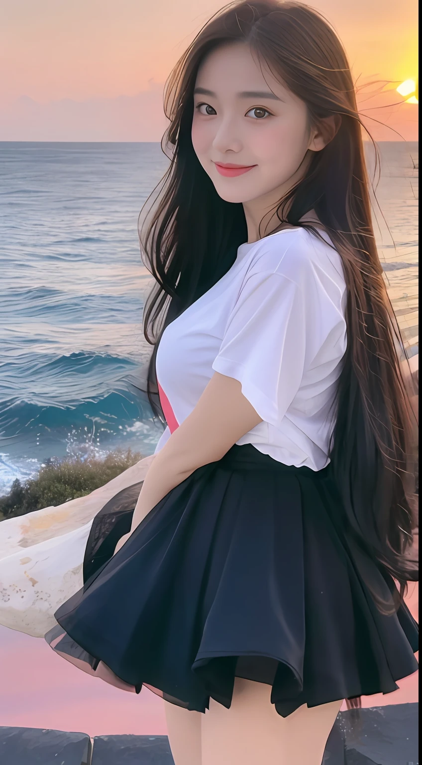 8k resolution, super high resolution, best picture quality, beautiful girl, moist lips, peerless beauty, messy black straight hair, shawl long hair, fluffy hair, rich and beautiful makeup, exquisite and perfect facial features, sapphire eyes, blush, sweet smile,
(((sunset sky)))) by the sea (dressed in white
Tight T-shirt), short skirt, macro shot, beautiful detail sky.