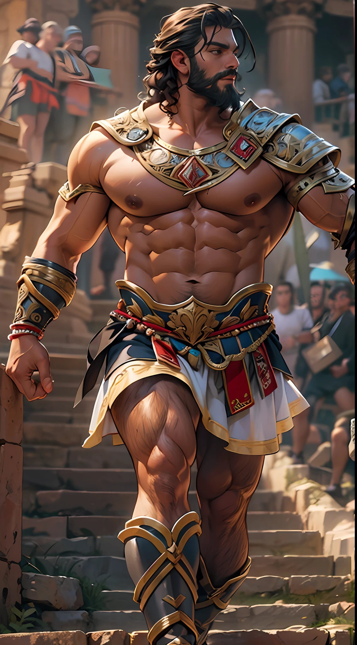 Muscular gladiator, upper body revealed, legs uncovered from thighs to feet, adorned with a beaded beard, flowing long curls, intricate muscular details, photorealistic artwork, 4K resolution. Background: Ancient Roman arena.,32k uhd, best quality, masterpiece, super detail, high details