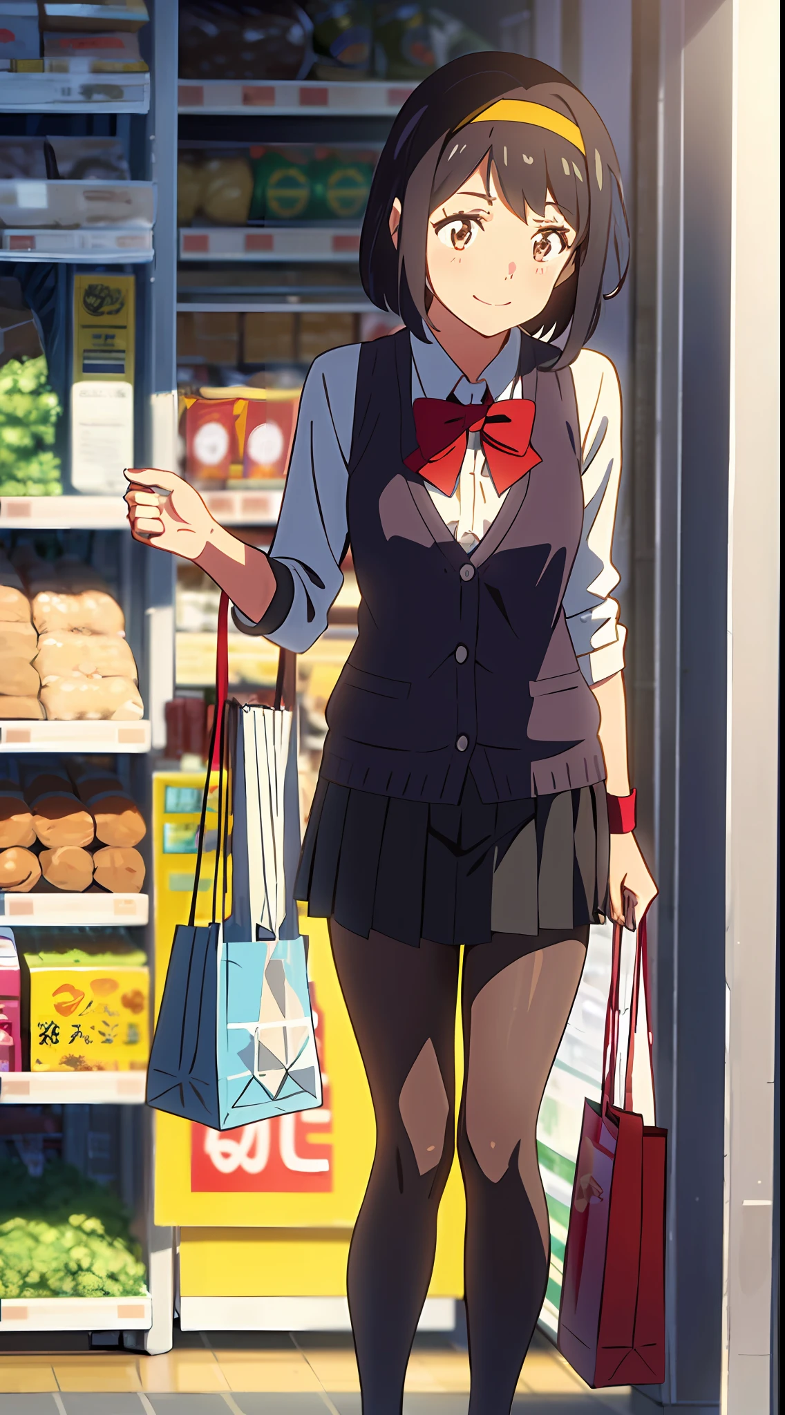 shinkai makoto, kimi no na wa., 1girl, bangs, black hair, brown eyes, headband, red headband, bow, red bow, ribbon, red ribbon, t-shirt, cardigan, skirt, pantyhose, short hair, smile, solo, shopping, supermarket, shopping mall, shopping bag