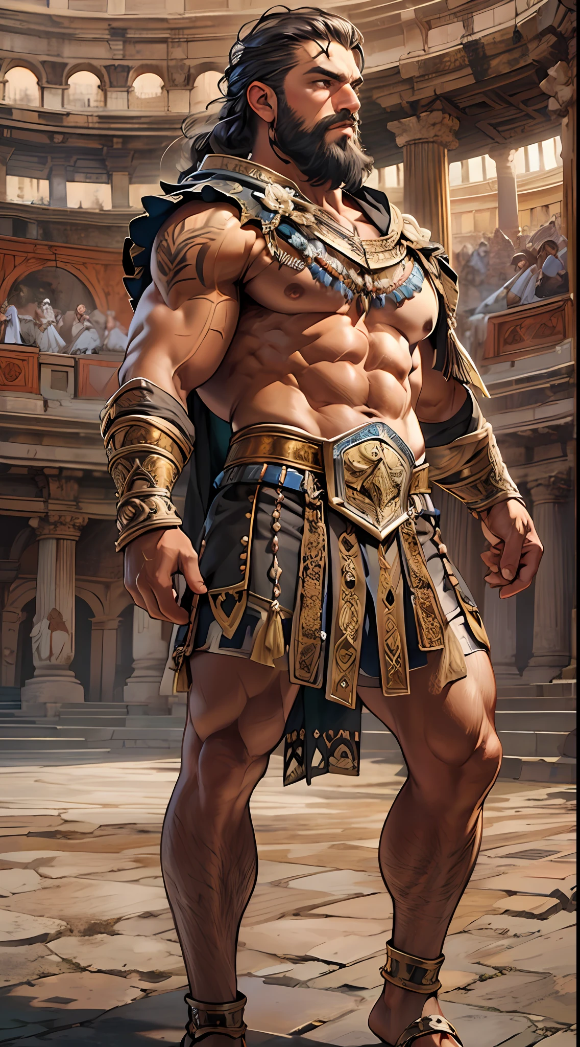 Muscular gladiator, upper body revealed, legs uncovered from thighs to feet, adorned with a beaded beard, flowing long curls, intricate muscular details, photorealistic artwork, 4K resolution. Background: Ancient Roman arena.,32k uhd, best quality, masterpiece, super detail, high details
