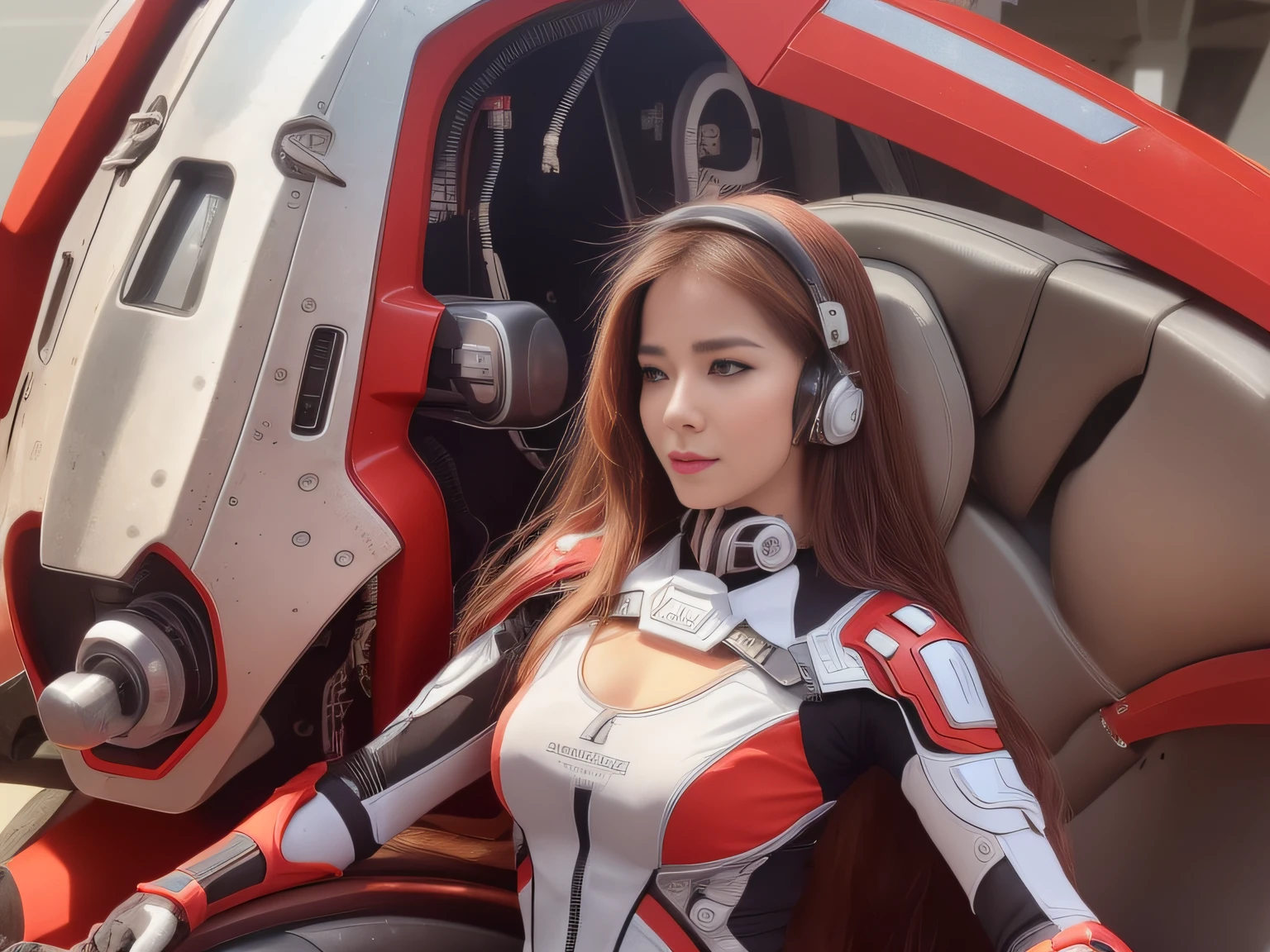 Highest image quality，Outstanding details，超高分辨率，（Fidelity：1.4），The best illustration，Favor the details，closeup cleavage，A mech girl，He has a delicate and beautiful face，（（Red and white semi-mechanical body：1.8）），Raised sexy，，cleavage，onbed，frontage，cyber punk perssonage，Futuristic，mechanically aesthetic，Complex machinery，The background is a high-tech lighting scene in the future city，Virtual Engine 5，Perfect detail rendering，rendering by octane，hyper HD