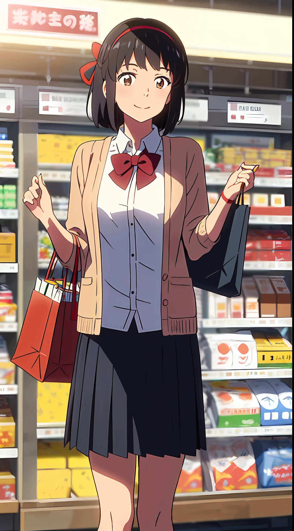 shinkai makoto, kimi no na wa., 1girl, bangs, black hair, brown eyes, shiny skin, headband, red headband, bow, red bow, ribbon, red ribbon, t-shirt, cardigan, skirt, pantyhose, short hair, smile, solo, shopping, supermarket, shopping mall, shopping bag