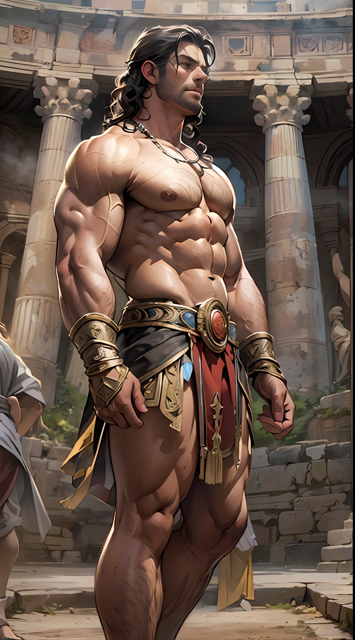 Muscular gladiator,Upper body revealed, legs uncovered from thighs to feet, flowing long curls, intricate muscular details, photorealistic artwork. Background: Ancient Roman arena.,32k uhd, best quality, masterpiece, super detail, high details