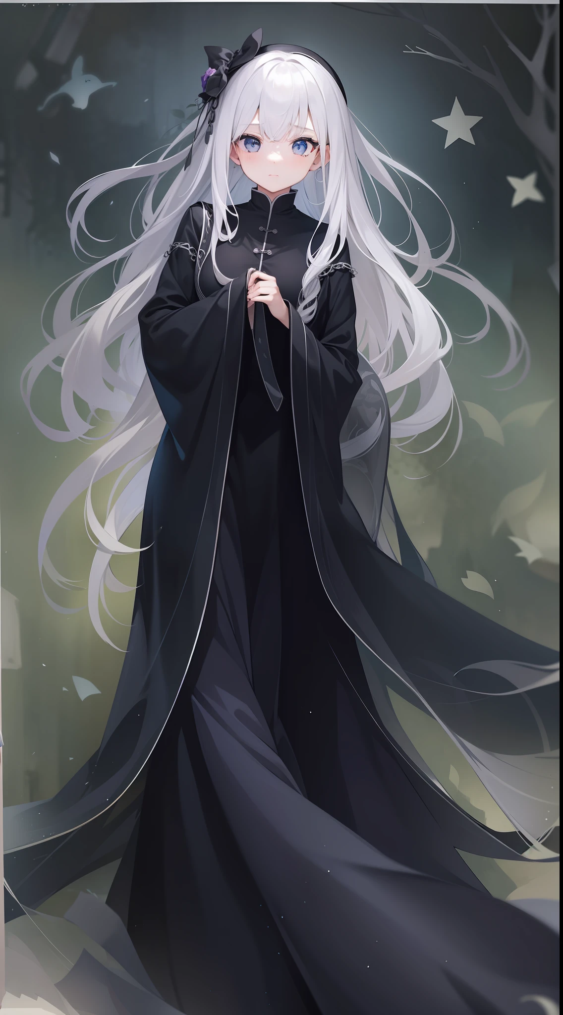 Girl in a dream。I have long silver hair。I'm dressed as a ghost。I'm looking languidly。It is an illustration of the highest quality。It is a beautiful illustration。Wearing a black cloth