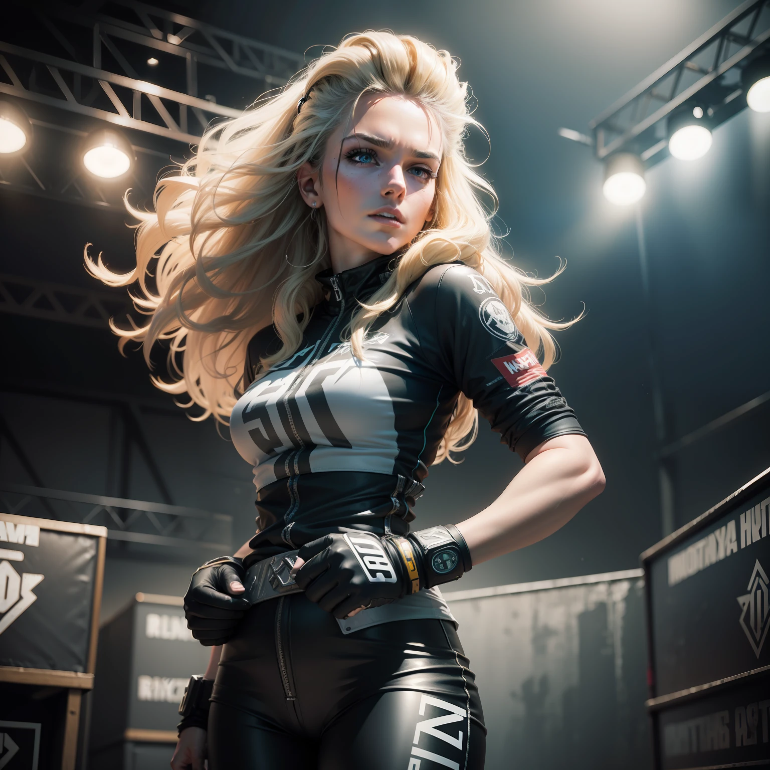 A (waist up:1.2) cinematic photorealistic color digital painting of Richard Female Blondie GMBN Presenter Anna, Mountain Biker at Dyfy Bike Park (80's heavy metal rock star hair style:1.2) jump in stage, detailed face, insanely detailed and intricate, crisp sharp and clear, volumetric lighting, ultra-high resolution, masterpiece hyper realistic artwork of Don Lawrence, centered, Professional color grading by Kenneth Hines Jr.