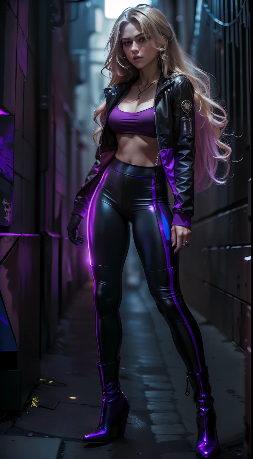 (
(Character: one russian woman, escapist, long wave hair, blonde hair, slim body)
(Clothing: black jacket, purple futuristic jumpsuit, boots, backpack,leg holster)
(Pose: full body shot:1.7, Mid-step, as if sneaking)
(Background: dark alley at night:1.3, intense urban lights in background,purple color scheme:1.3)
(Style: ((masterpiece:1.5)), (face detailed), photo-realistic:1.3, hyperrealistic, film grain, realistic lighting)
)