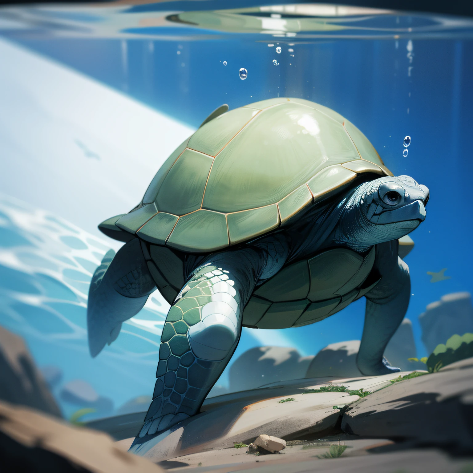 A turtle,Turtle,Under water, Shrinking in a turtle shell, hyper HD, Masterpiece, High quality